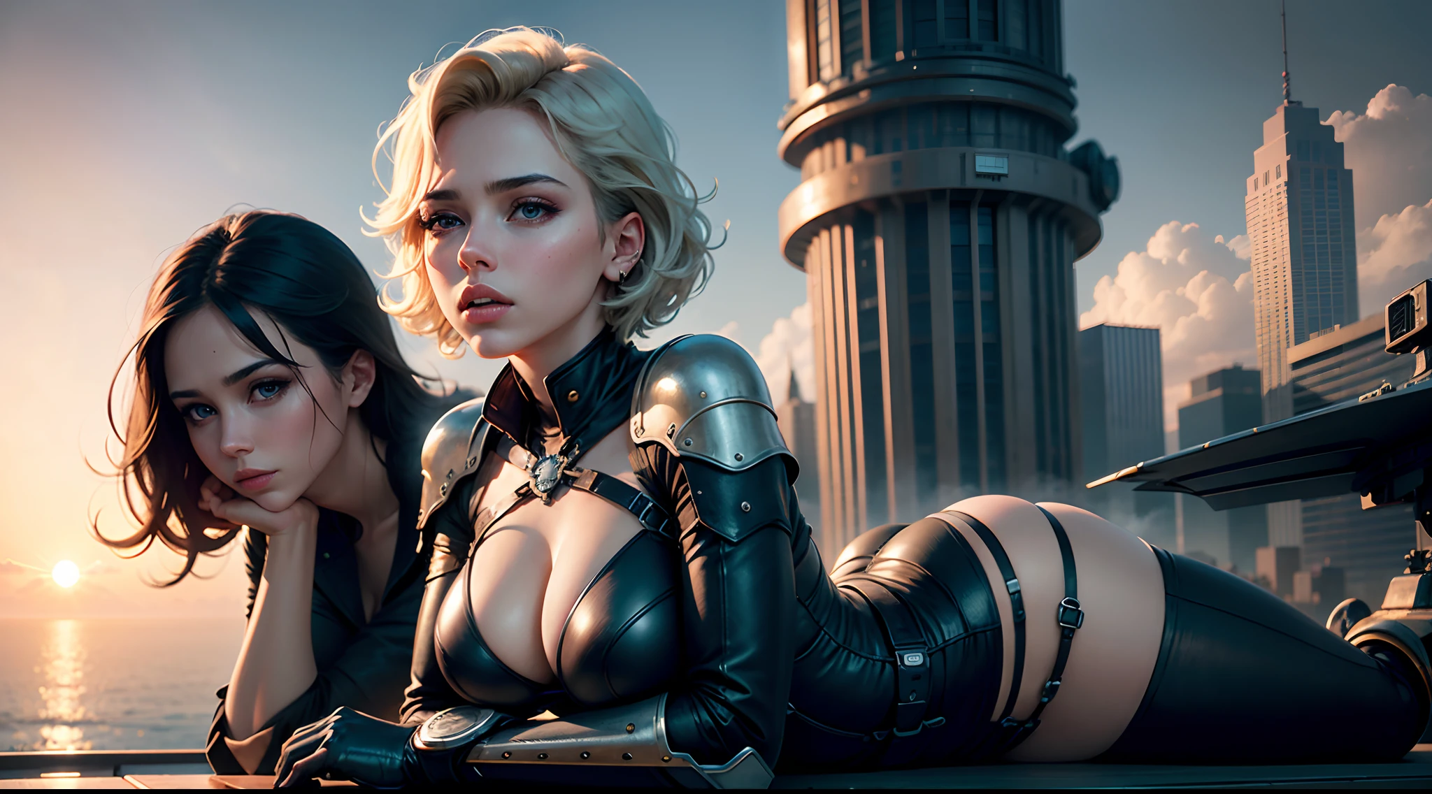 Realistic visuals, captivating beauty, dramatic contrasts, soft lighting, delicate warmth, soft light, ultra high definition, colorful, best quality, perfect female figure, Scarlett Johansson's face, high dynamic range, long eyelashes, unparalleled masterpieces, pale skin, makeup,
Nova 1 Girl, Solo, Short Hair, Lying on Airship, Tower, Landscape, Airplane, Steampunk, Bird, Cloud, Sky, Gear, No Man, Building, Outdoor, City, Science Fiction, Sunset, Crane (Machine)
