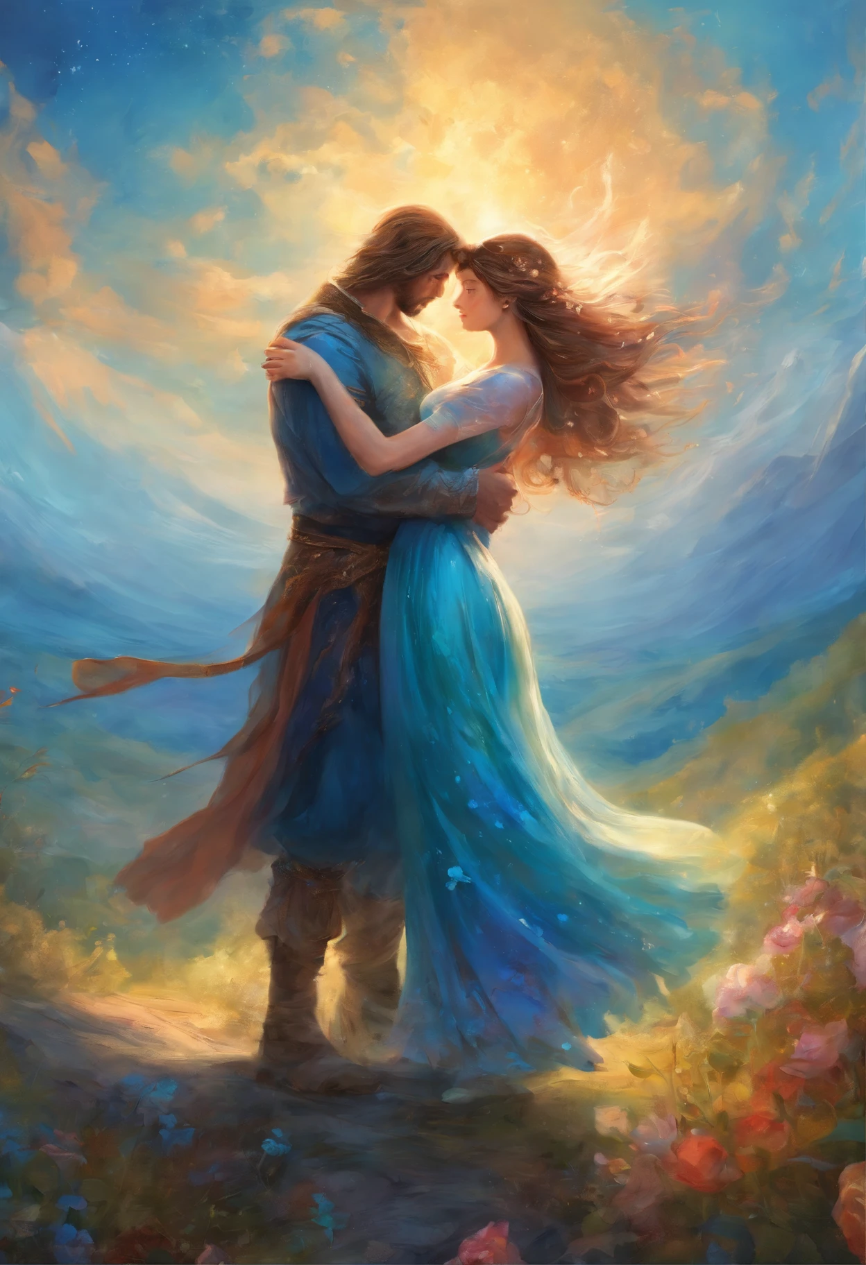 oil painting style, couple made up of 1 man and 1 woman dancing, hugging, countryside, blue sky, medieval, fantasy