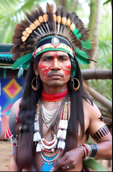 um close up de uma pessoa com uma pintura facial e cocar, amazon indian peoples in brazil, indigenous man, pintura facial tribal, ayahuasca shaman, pintura do rosto do guerreiro vermelho, marcas tribais faciais, pinturas tribais do rosto, usando armadura tribal, Indigenous, usando tinta de guerra, maquiagem tribal, roupas tribais, wearing authentic attire, Indian warrior, aboriginal