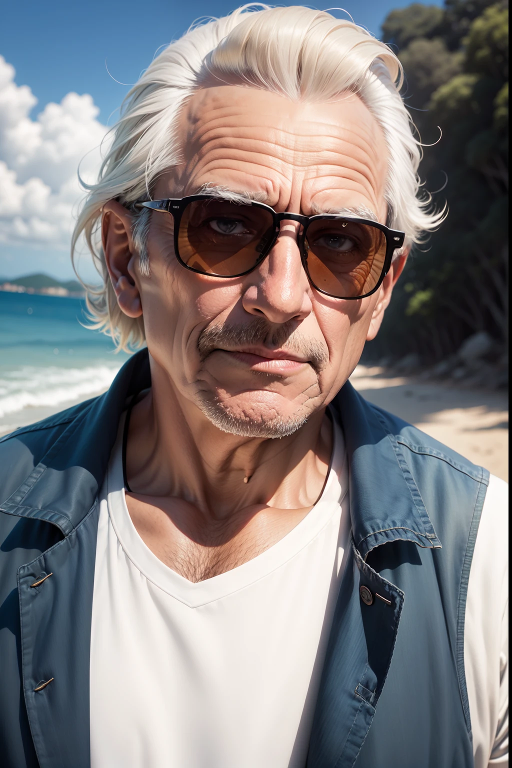 Foto fake para perfil de facebook. Homem 58 anos, cabelo curto, sunglasses and background landscape.