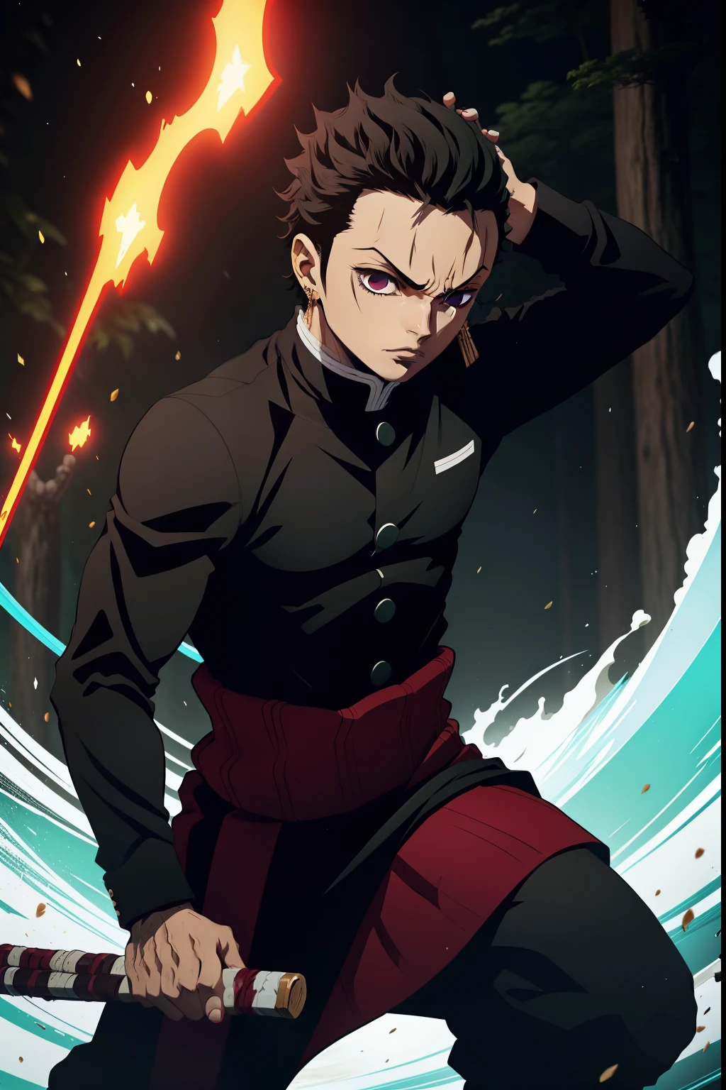 jovem negro, Uniform demon slayer, Vento ao redor, Penteado Zoro, cabelos pretos, Nichirin vermelho, Lutando, Bleach poses, beutiful eyes