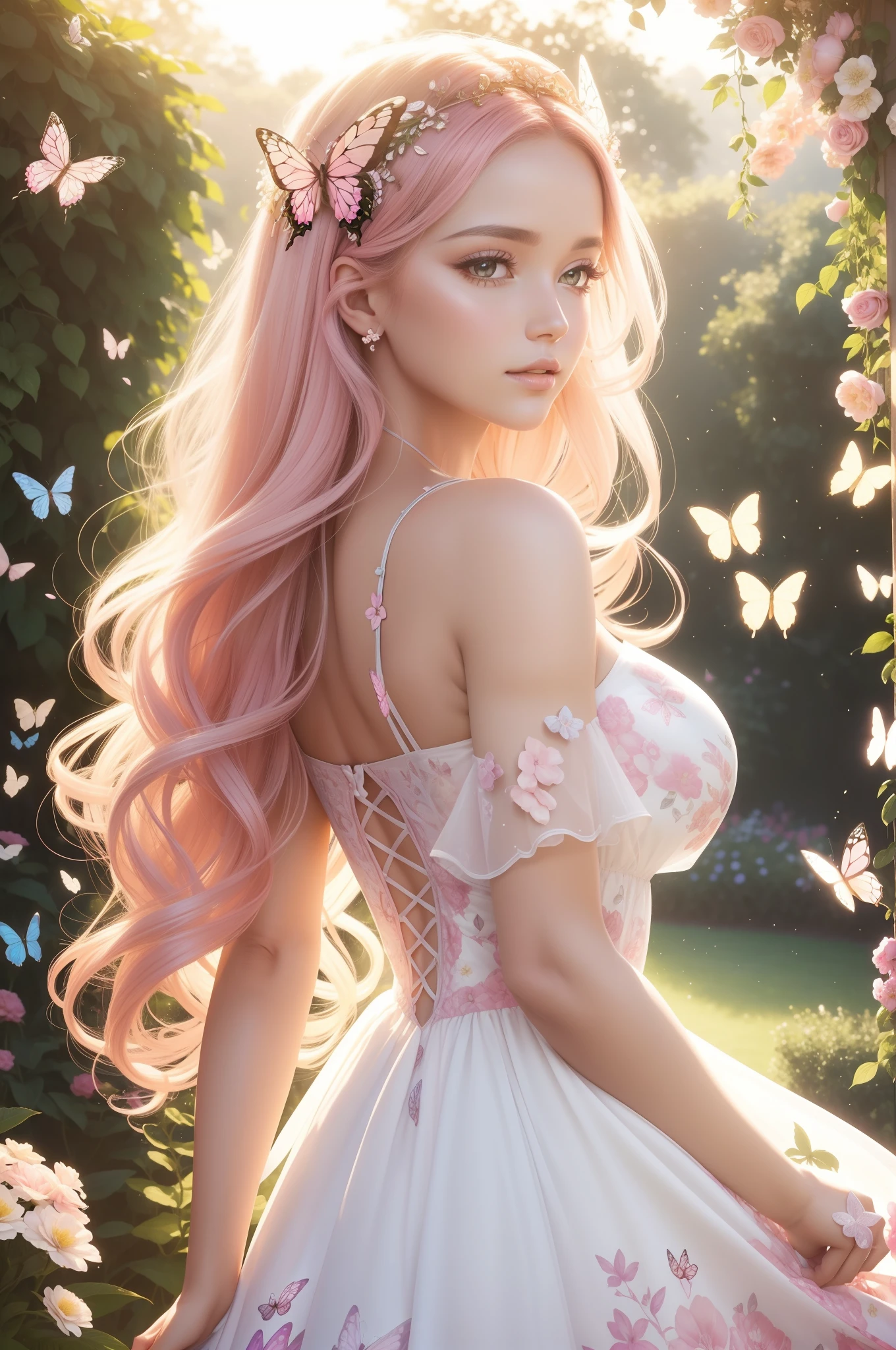 a beautiful butterfly goddess, close up, surrounded by butterflies, in a floral garden, long white wind blown hair, pink shiny beautiful dress, soft face, full lips, soft light, sunlight background, garden background, magical scenery, best quality