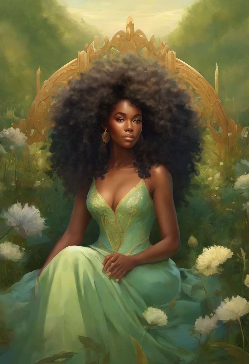 oil painting style, black woman, afro hair, light green dress, sitting on a throne, throne in the middle of the field, outdoors, countryside, blue sky, medieval, fantasy