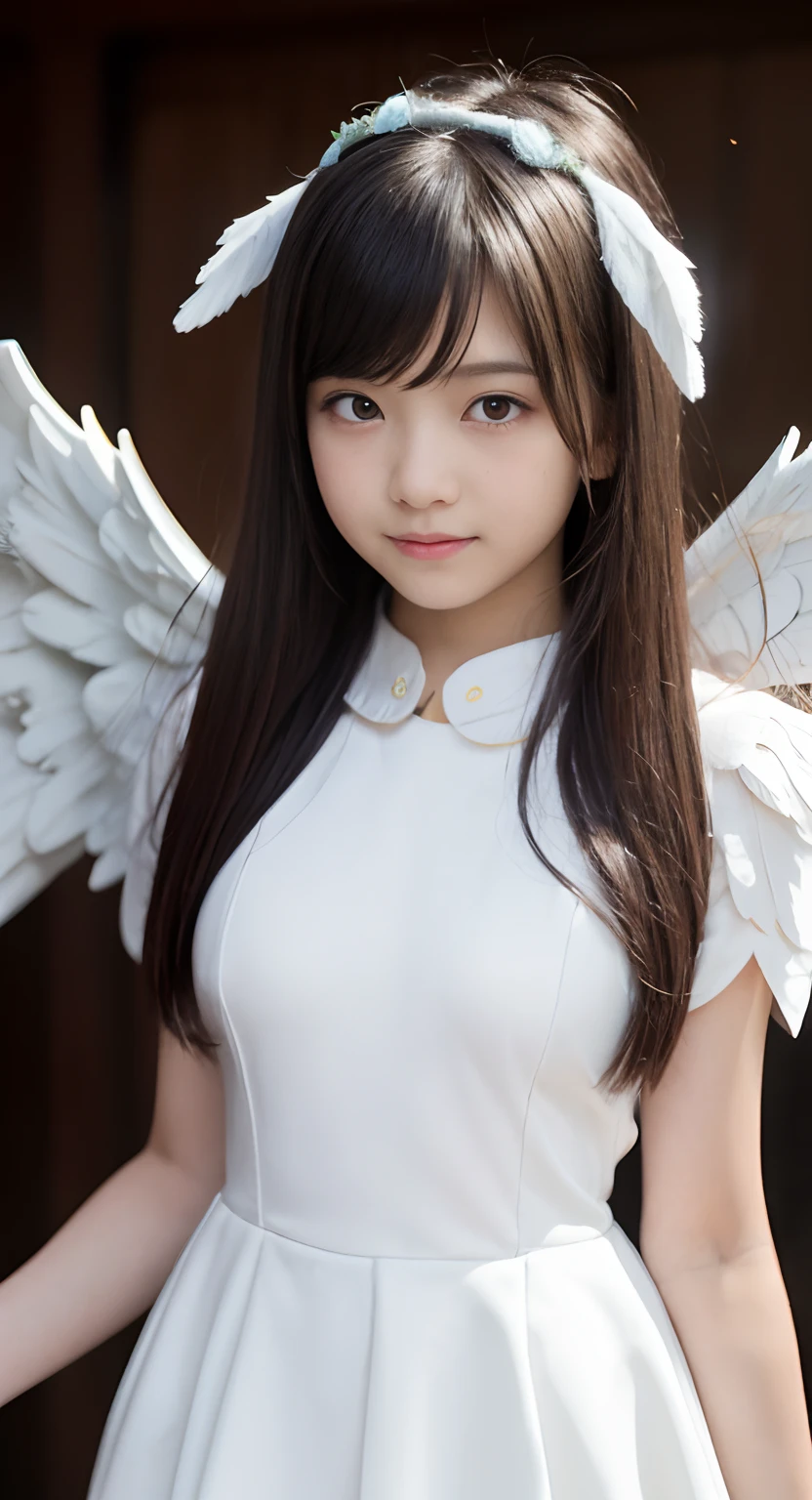 (top-quality、​masterpiece:1.2)、Best Quality、realisitic、photoshot、hight resolution、1080p、8K、Textured skin、Physical Rendering、1 Japan Girls、a junior high school student、kawaii、Young Face、Rolled hair、(White Angel Costume:1.5)、Katyusha、full of shyness、smil、Big