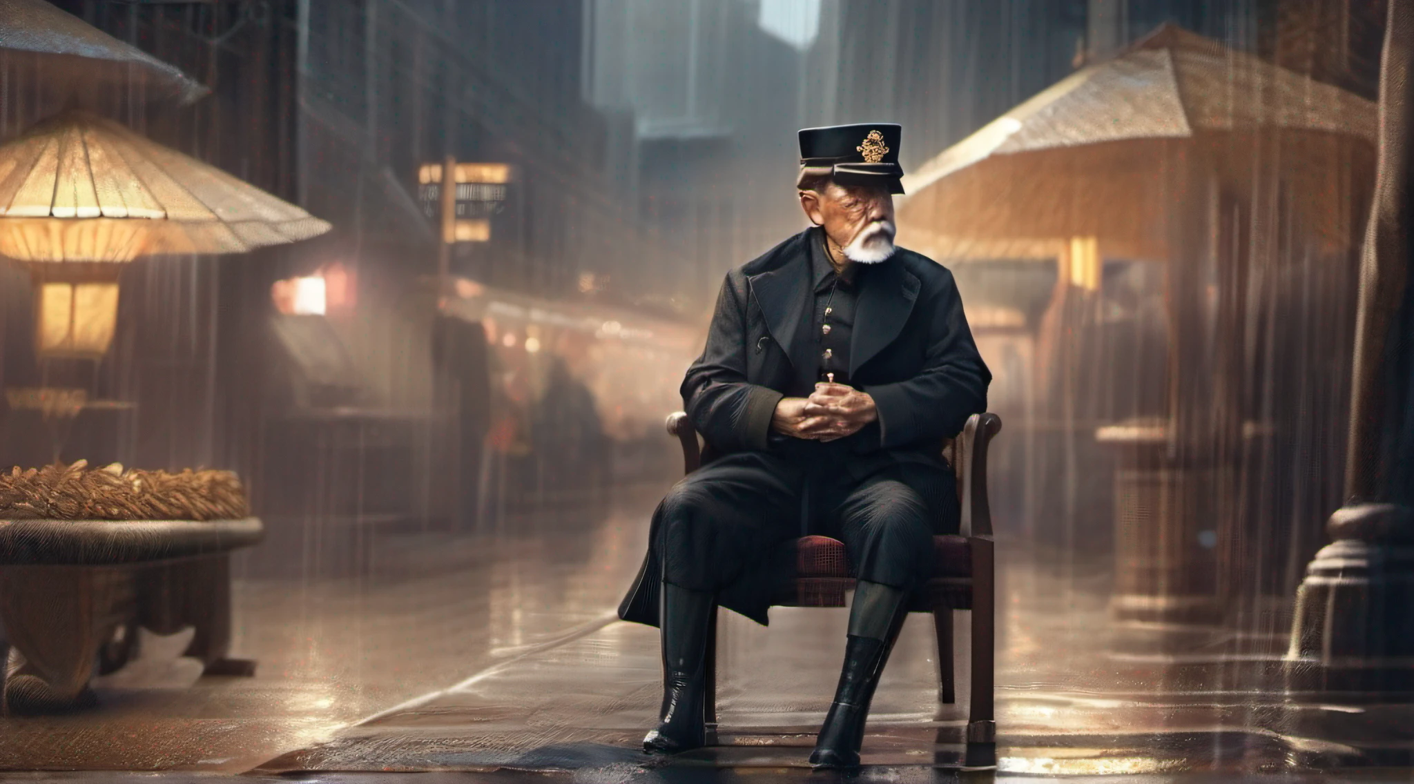 Old gentleman with a goatee，in a soldier uniform，sit on chair，Eyes look at the boots，Black high-gloss rain boots, 8K分辨率,Wallpaper masterpiece，Best quality，digitial painting，Highly meticulous，Ultra high quality