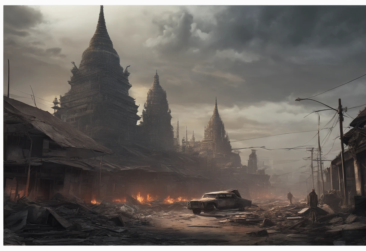 Illustration painting of an" 'Myanmar Yangon City', Apocalpysel design, realistic 'nuclear explosion' illustration art, ultra-detailed illustred, expert artist digital art style, best shadow, masterpiece destoryed city, professional well-balance colour artwork, underground famous artwork, post apocalypse Fabbric art burning background and sky HD, destroyed("yangon") city on fire, destroyed ((myanmar "yangon")) city, digital concept art of dystopian, apocalyptic ((myanmar)) city, destroying a ((myanmar"yangon")) city, apocalyptic 8 k, apocalyptic 8k, apocalyptic city ((pagoda)) backround, apocalyptic architecture design, (Rangon)city, end of the (burma:1.1), (rangon:1.2), city, (hdr:1.1), (muted colors:1.3),(broken rusty car:0.8), (shards of glass:0.3), (books on earth:0.3), car wreckage, correct scale, apocalypse, abandoned, neutral colors, night, screen space refractions, (intricate details), (intricate details, hyperdetailed:1.2), artstation, cinematic shot, vignette, complex background, buildings, apocalyptik(Rangon)city, post apocalyptic Burma Rangon city, postapocalyptic world, post - apocalyptic(Rangon)city, post-apocalyptic earth, apocalyptic art, post - apocalyptic(Rangon)CITY, post apocalyptic(Rangon)CITY,