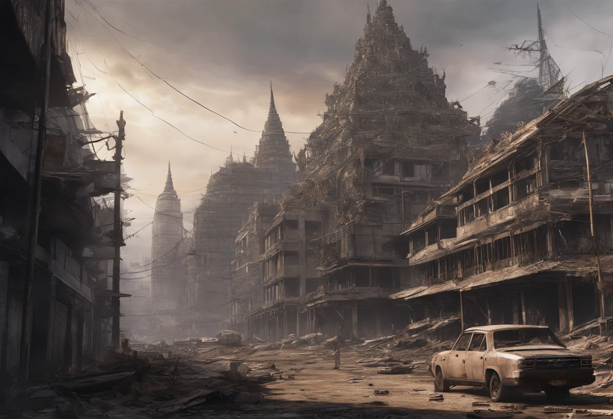 Illustration painting of an" 'Myanmar Yangon City', Apocalpysel design, realistic 'nuclear explosion' illustration art, ultra-detailed illustred, expert artist digital art style, best shadow, masterpiece destoryed city, professional well-balance colour artwork, underground famous artwork, post apocalypse Fabbric art burning background and sky HD, destroyed("yangon") city on fire, destroyed ((myanmar "yangon")) city, digital concept art of dystopian, apocalyptic ((myanmar)) city, destroying a ((myanmar"yangon")) city, apocalyptic 8 k, apocalyptic 8k, apocalyptic city ((pagoda)) backround, apocalyptic architecture design, (Rangon)city, end of the (burma:1.1), (rangon:1.2), city, (hdr:1.1), (muted colors:1.3),(broken rusty car:0.8), (shards of glass:0.3), (books on earth:0.3), car wreckage, correct scale, apocalypse, abandoned, neutral colors, night, screen space refractions, (intricate details), (intricate details, hyperdetailed:1.2), artstation, cinematic shot, vignette, complex background, buildings, apocalyptik(Rangon)city, post apocalyptic Burma Rangon city, postapocalyptic world, post - apocalyptic(Rangon)city, post-apocalyptic earth, apocalyptic art, post - apocalyptic(Rangon)CITY, post apocalyptic(Rangon)CITY,
