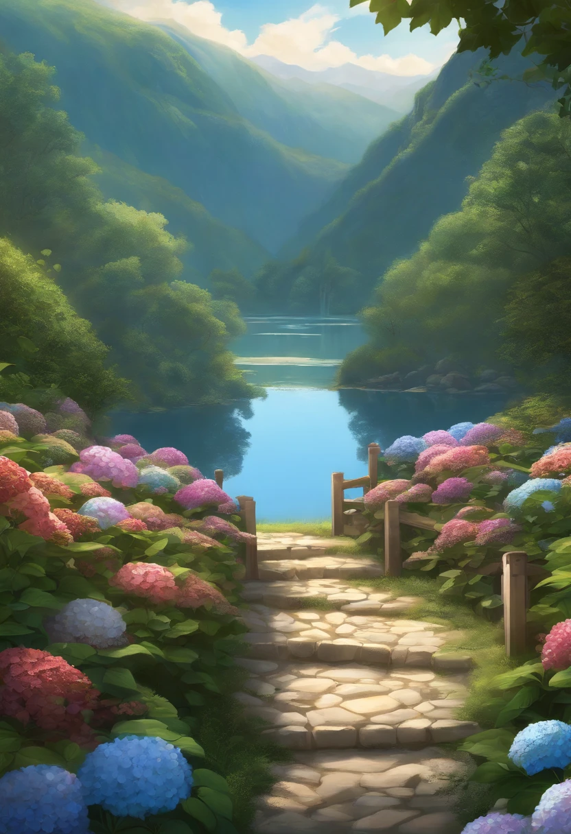 hydrangeas, park, Lake, Small hills, Pebble path,anime big breast, Masterpiece, Best quality, Anatomically correct, High details, 8K, the wallpaper