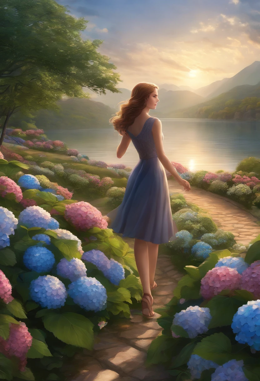 hydrangeas, park, Lake, Small hills, Pebble path,anime big breast, Masterpiece, Best quality, Anatomically correct, High details, 8K, the wallpaper
