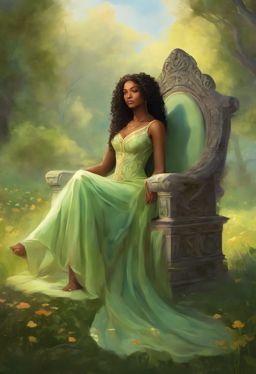 oil painting style, black woman, long curly hair, light green dress, sitting on a throne, throne in the middle of the field, outdoors, countryside, blue sky, medieval, fantasy