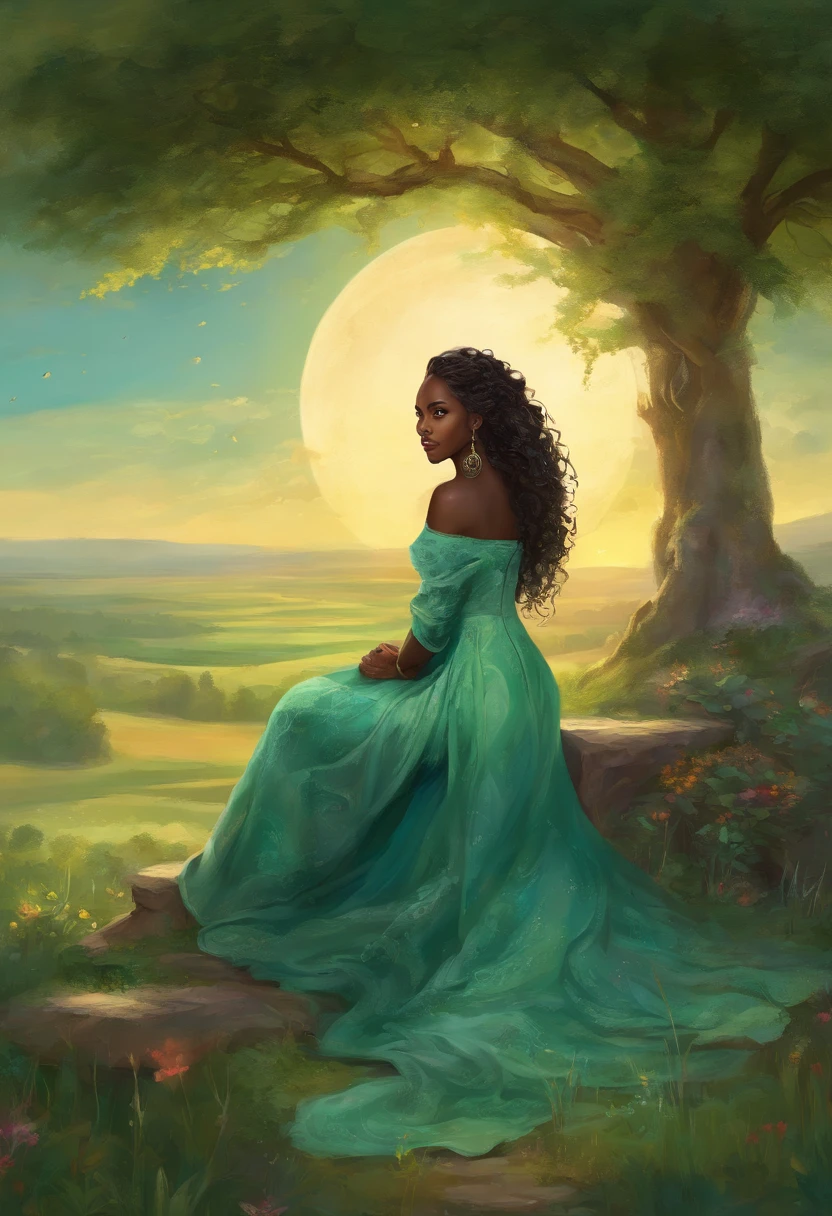 oil painting style, black woman, long curly hair, light green dress, sitting on a throne, throne in the middle of the field, outdoors, countryside, blue sky, medieval, fantasy