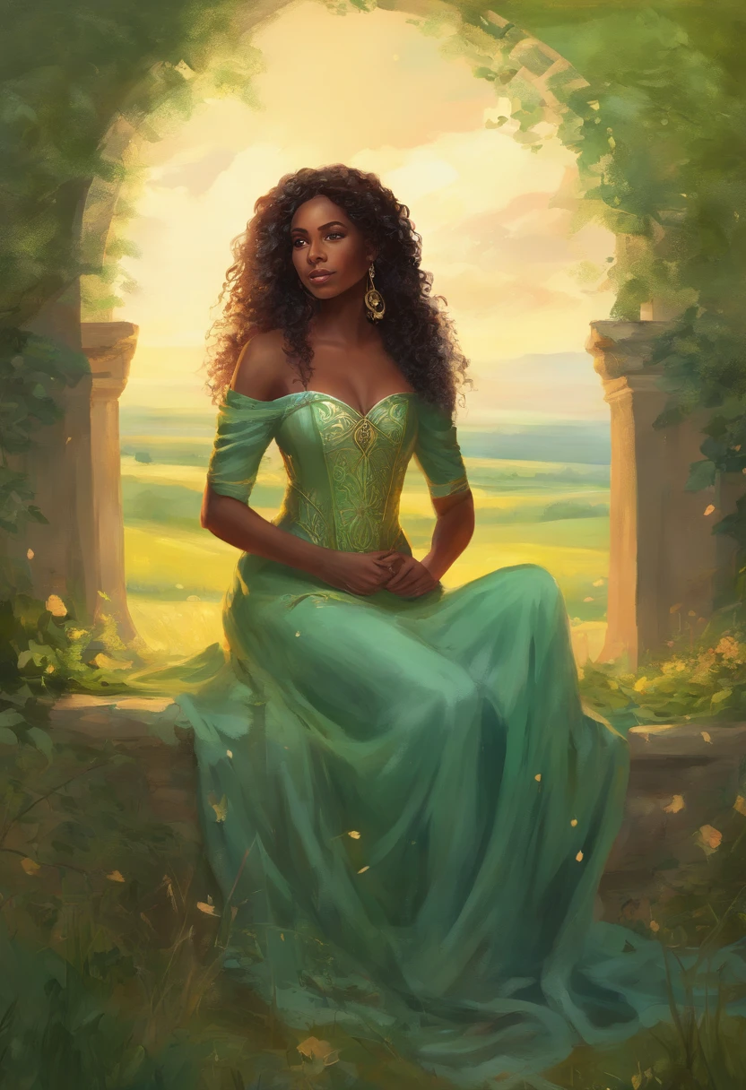 oil painting style, black woman, long curly hair, light green dress, sitting on a throne, throne in the middle of the field, outdoors, countryside, blue sky, medieval, fantasy