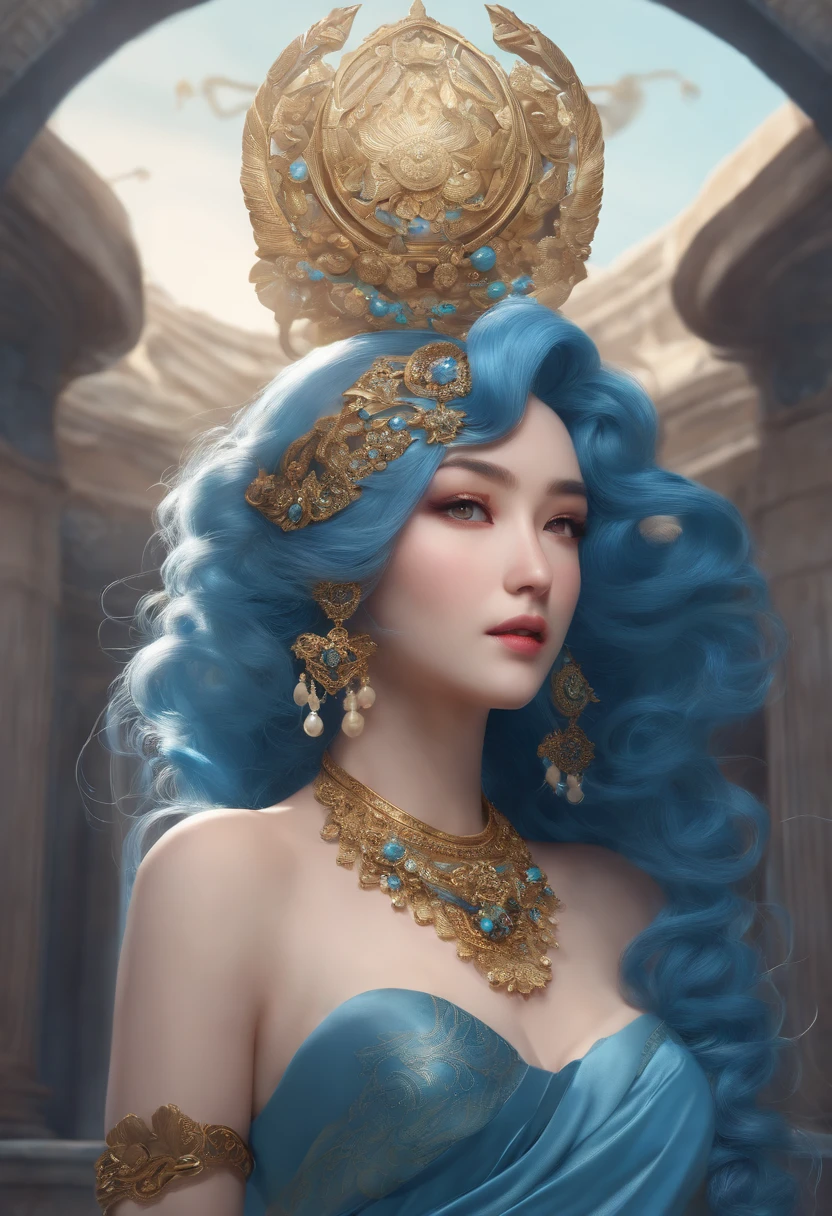 best quality, mastery, detailed hair, highres, (((yunyun))) ,necklace, hair ornament, (Beautiful face), blue dress, looking at viewer, blue hair, standing, （Above the waist），Medusa