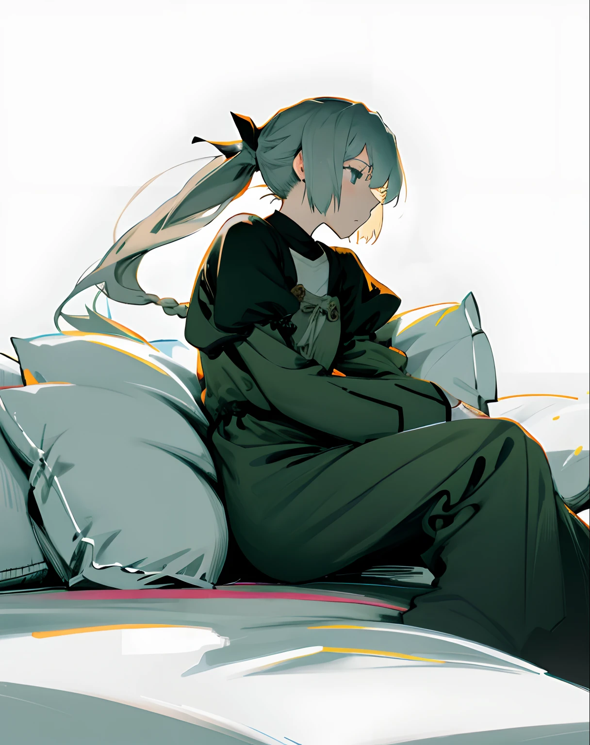Sit lazily on a pillow,Long hair low ponytail girl,Wear white simple pajamas,The expression was melancholy,Epic composition,4K, Leave white space,impressionistic,Clean and meticulous style, 2 b, 2b,HighestQuali