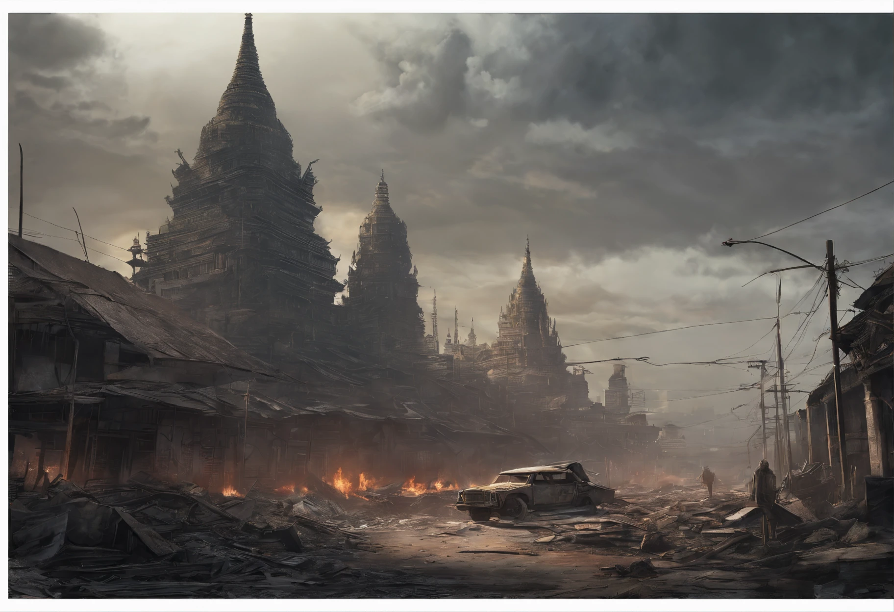 Illustration painting of an" 'Myanmar Yangon City', Apocalpysel design, realistic 'nuclear explosion' illustration art, ultra-detailed illustred, expert artist digital art style, best shadow, masterpiece destoryed city, professional well-balance colour artwork, underground famous artwork, post apocalypse Fabbric art burning background and sky HD, destroyed("yangon") city on fire, destroyed ((myanmar "yangon")) city, digital concept art of dystopian, apocalyptic ((myanmar)) city, destroying a ((myanmar"yangon")) city, apocalyptic 8 k, apocalyptic 8k, apocalyptic city ((pagoda)) backround, apocalyptic architecture design, (Rangon)city, end of the (burma:1.1), (rangon:1.2), city, (hdr:1.1), (muted colors:1.3),(broken rusty car:0.8), (shards of glass:0.3), (books on earth:0.3), car wreckage, correct scale, apocalypse, abandoned, neutral colors, night, screen space refractions, (intricate details), (intricate details, hyperdetailed:1.2), artstation, cinematic shot, vignette, complex background, buildings, apocalyptik(Rangon)city, post apocalyptic Burma Rangon city, postapocalyptic world, post - apocalyptic(Rangon)city, post-apocalyptic earth, apocalyptic art, post - apocalyptic(Rangon)CITY, post apocalyptic(Rangon)CITY,