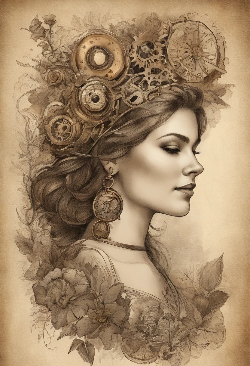 Charlie Bowater realistic Lithography sketch portrait of a woman, flowers, [gears], pipes, dieselpunk, multi-colored ribbons, old paper texture, highly detailed