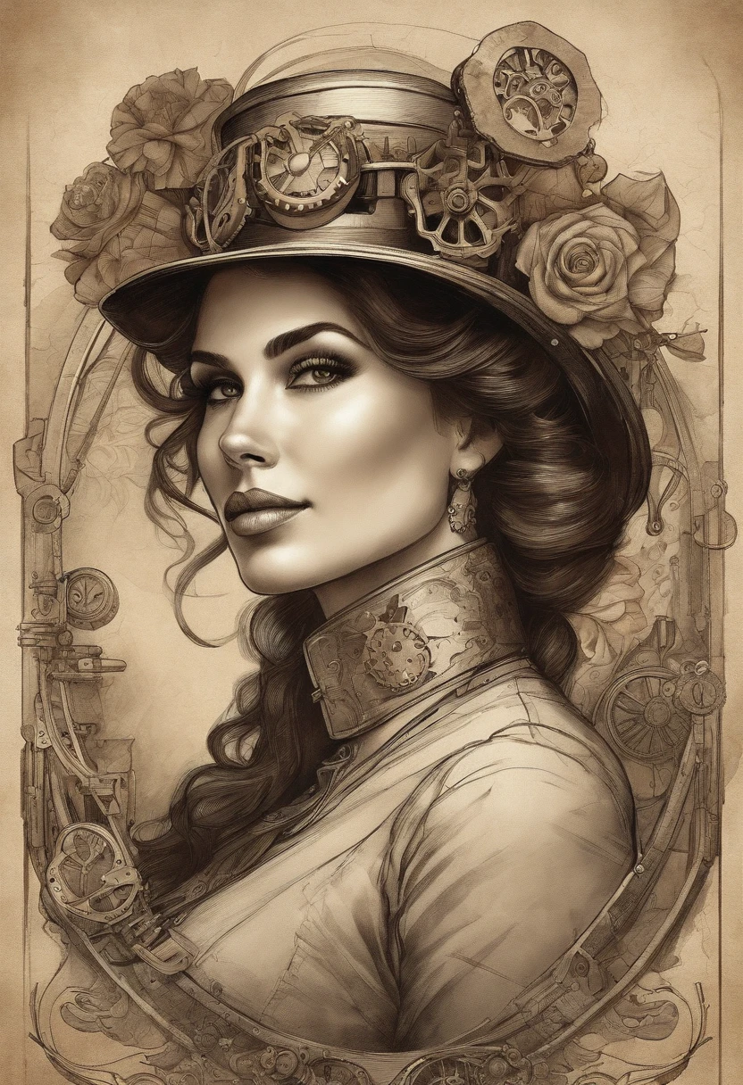 Charlie Bowater realistic Lithography sketch portrait of a woman, flowers, [gears], pipes, dieselpunk, multi-colored ribbons, old paper texture, highly detailed