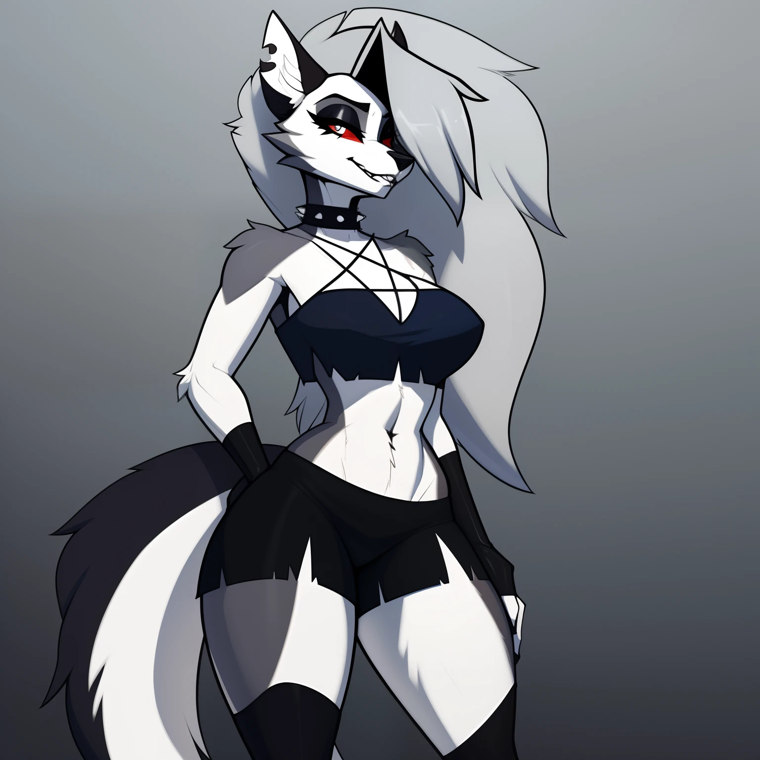 Tall_lanky_female wide_hips loona helluva_boss biting_lip solo Masterpiece best_quality absurdres highly_detailed cleanly_drawn_eyes anthro_only by_claweddrip, by_greasymojo, by_underscore-b, by_runawaystride