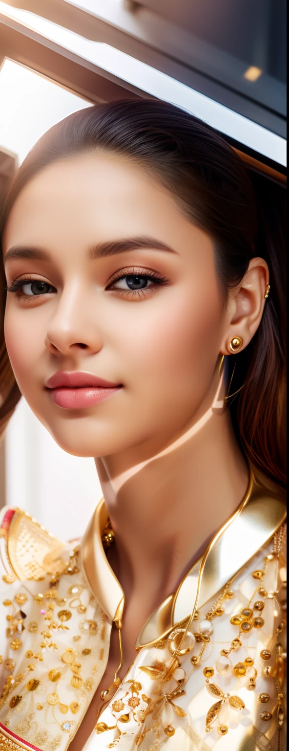 realistic face , cute , home background, 8k, clear eyes, beautiful lips , smooth skin, beautiful earrings, HD