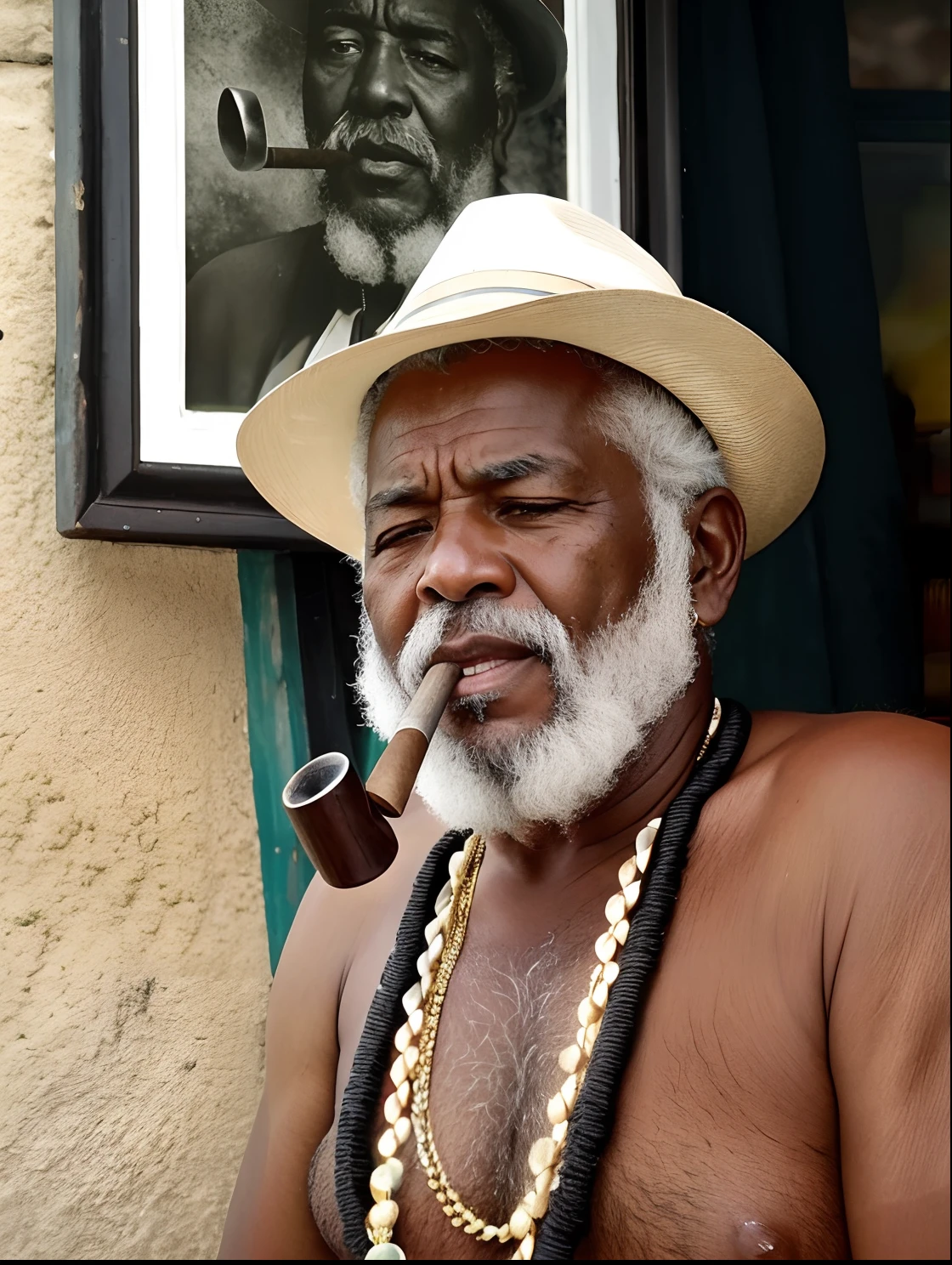 There is a man with a hat and a pipe in his hand, enquanto fuma um charuto, com charuto, um velho, um velho, charuto, charuto para fumar, there is a cigar in his mouth, um homem de 80 anos, Wise old man, inspirado em Ernest Zobole, ele tem cerca de 8 0 anos de idade, fumar um charuto, mago fumar cachimbo hiperealista,realista, Realismo, renderizado, Alto contraste, digital art photographyrealistic trend in Artstation 8k HD high definition detailed realistic,  detalhado, textura da pele, hiper detalhado, textura de pele realista, armadura, melhor qualidade, ultra high-resolution, (fotografiarrealista: 1.4), alta resolução, detalhado, Calado bruto, sharp re, por lee jeffries Nikon D850 Filme Fotografia de Stock 4 Kodak Portra 400 Lente F1.6 Rich Colors Realistic Texture Dramatic Texture Dramatic Lighting Irrealengine Trend on Artstation Cinestill 800