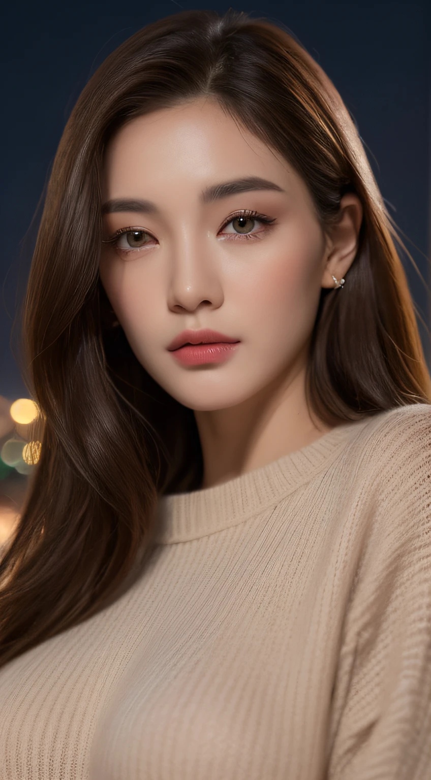 ((Best quality, 8k, Masterpiece :1.3)), Portrait, Sharp focus :1.2, A pretty woman with perfect figure :1.4, Slender abs :1.2, ((Dark brown hair,gigantic Breasts :1.2)), White sweater :1.1, (Night city view :1.1), Highly detailed face and skin texture, Detailed eyes, Double eyelid