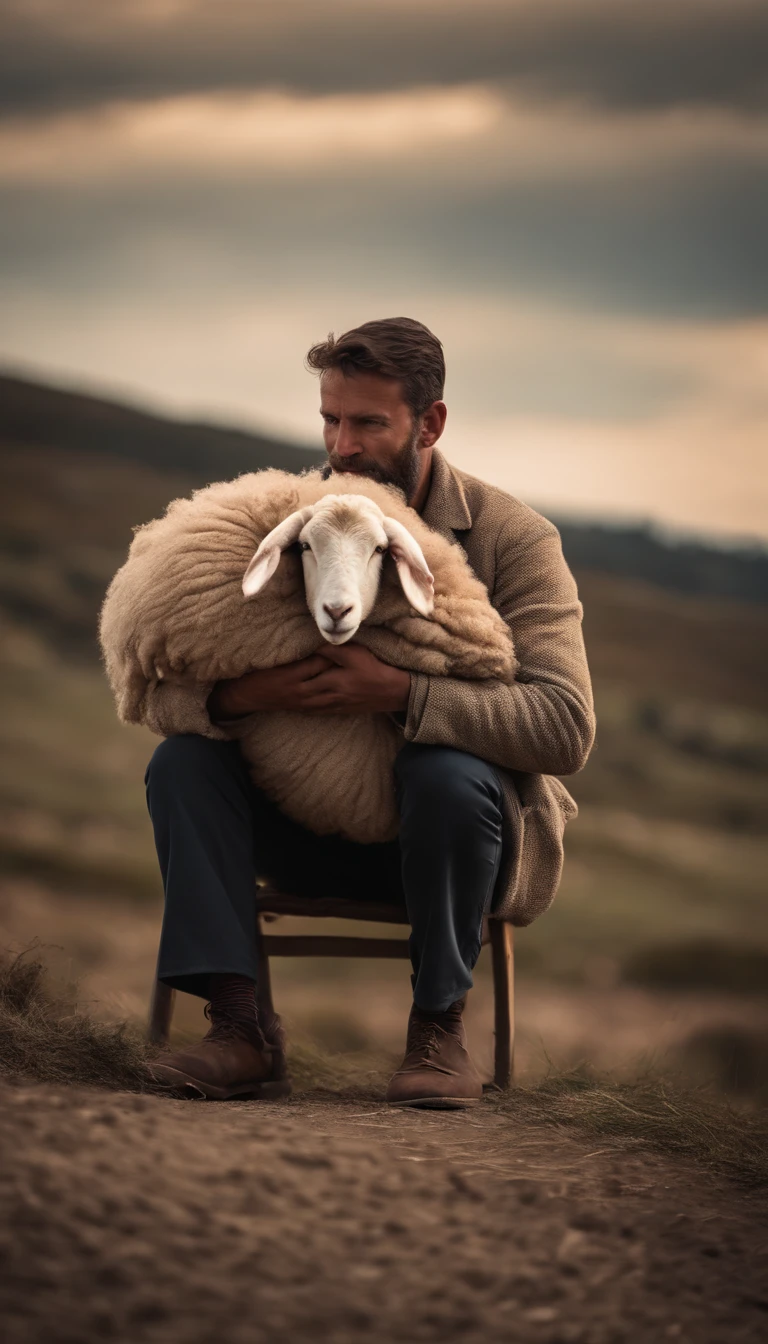 a man carrying a sheep on his lap.