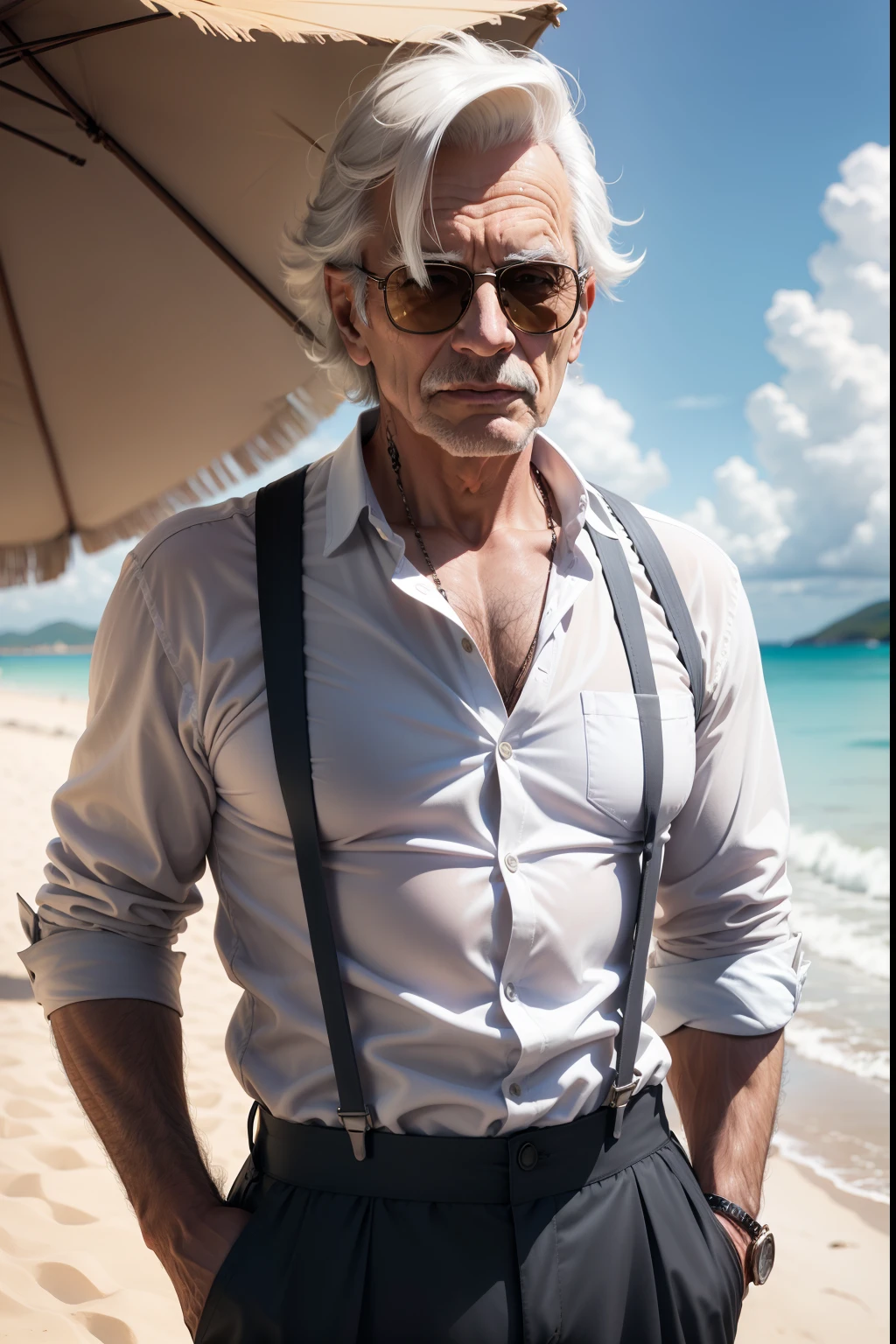 Homem branco, de 62 anos, wearing clothes with suspenders, sunglasses, cabelo curto, paisagem de fundo.
