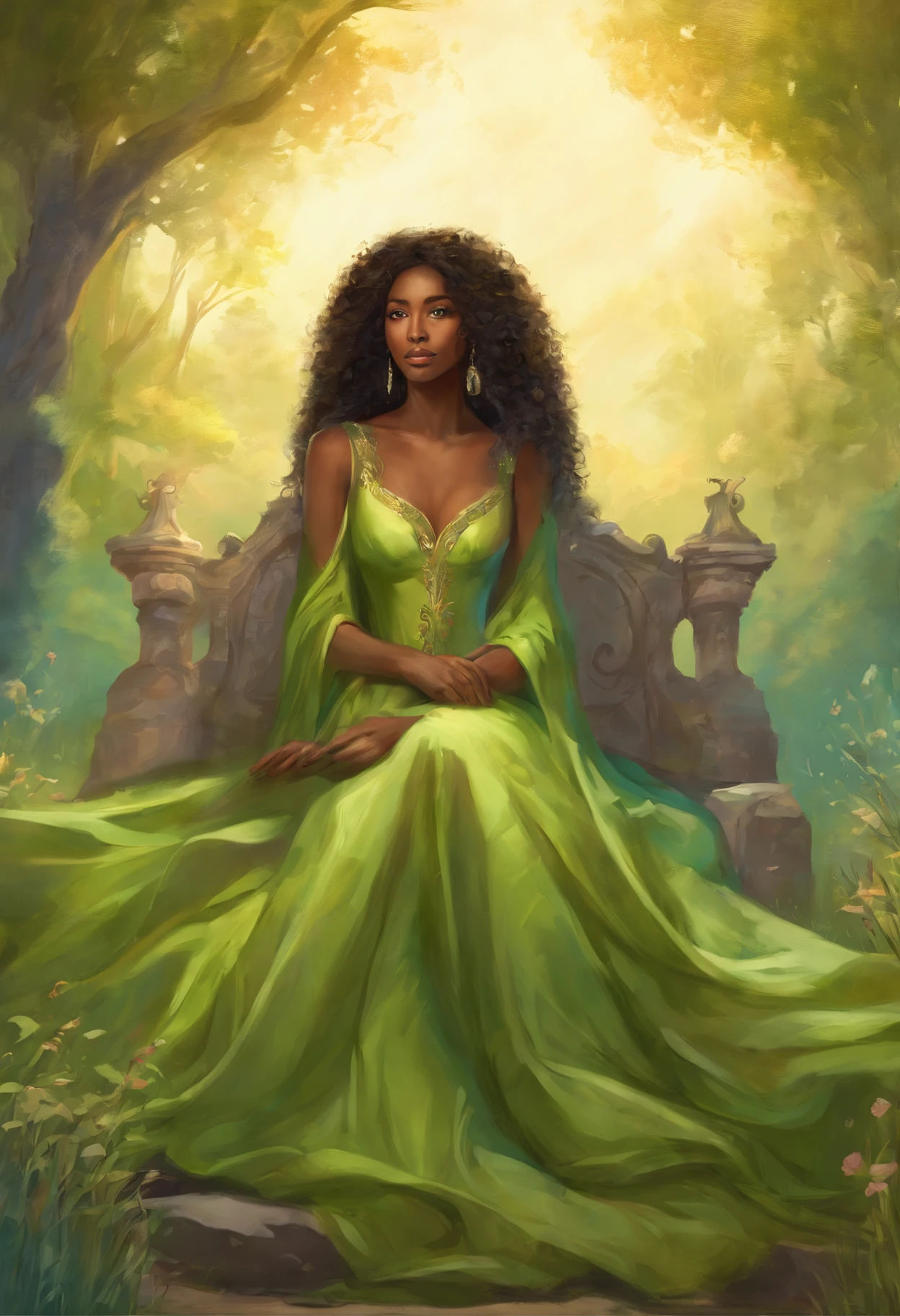 oil painting style, black woman, long curly hair, light green dress, sitting on a throne, throne in the middle of the field, outdoors, countryside, blue sky, medieval, fantasy