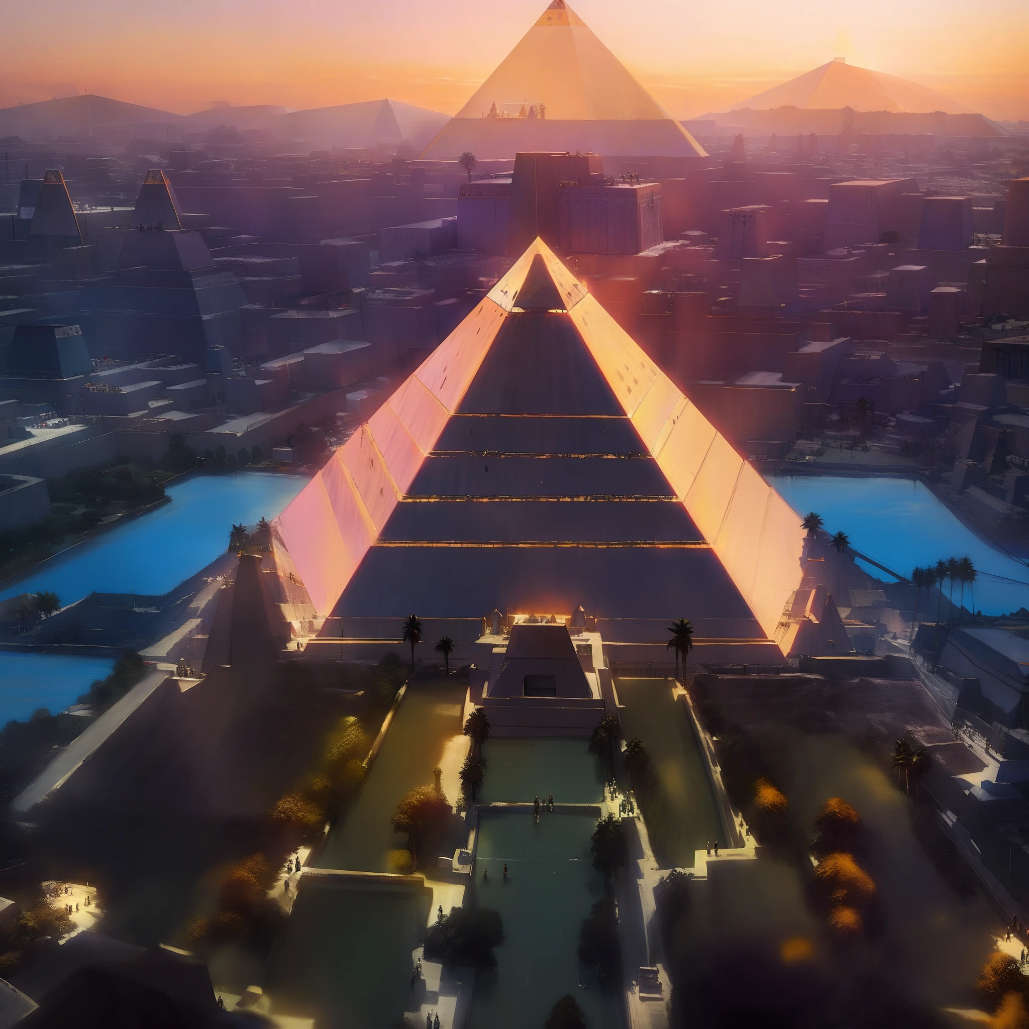 Wire view of a pyramid with a sunset in the background, ancient megastructure pyramid, pyramid ruins at sundown, Egito, pyramid surrounded by vegetation, great pyramid of giza, pyramid, pyramids of giza, Luxor, pyramids of egypt, Pyramids, iluminado de cima, Directed by: Luis Molinari, Directed by: Luis Miranda, Directed by: Kurt Roesch, pyramid portal