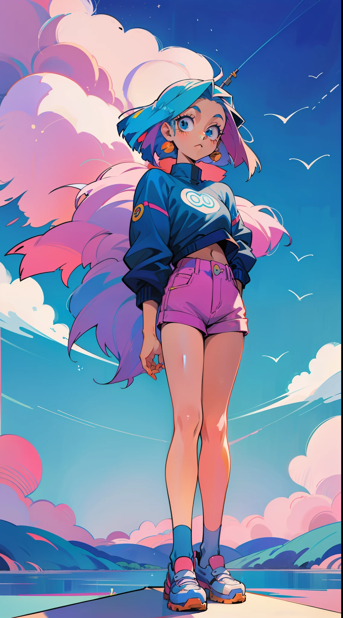 Anime girl standing with cross-legged. um desenho de uma mulher com cabelo azul segurando um martelo, 2 d estilo anime,  anime com cabelo martelo, personagem estilo anime, estilo anime, 8 0 s estilo de arte anime, no estilo de arte do anime 8 0 s, Estilo anime dos anos 90, 9 0 s estilo anime, 9 0 s estilo de arte anime, personagem estilo anime, estilo maddy, arte fofa, frio, seasons!! :