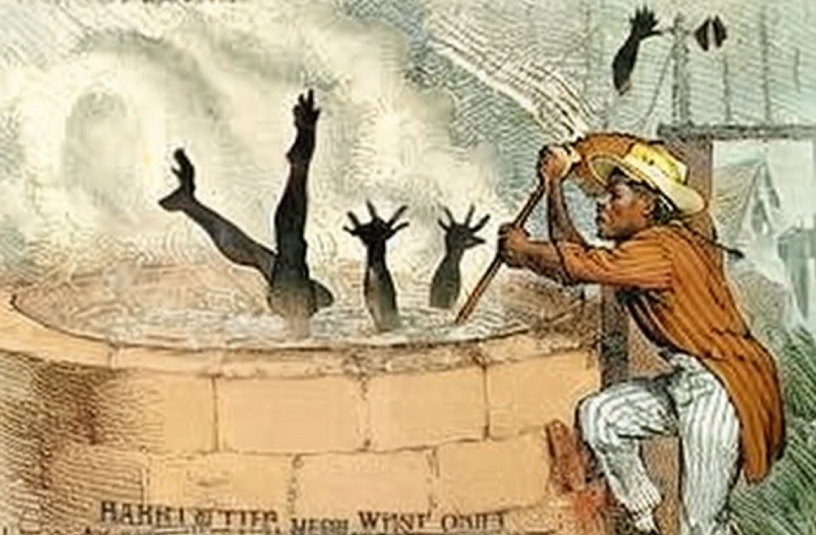 a white man in a hat is stirring a pot of hot water that has a black man inside who you can only see his legs and hands, the white man who is stirring the pot is standing on a ladder