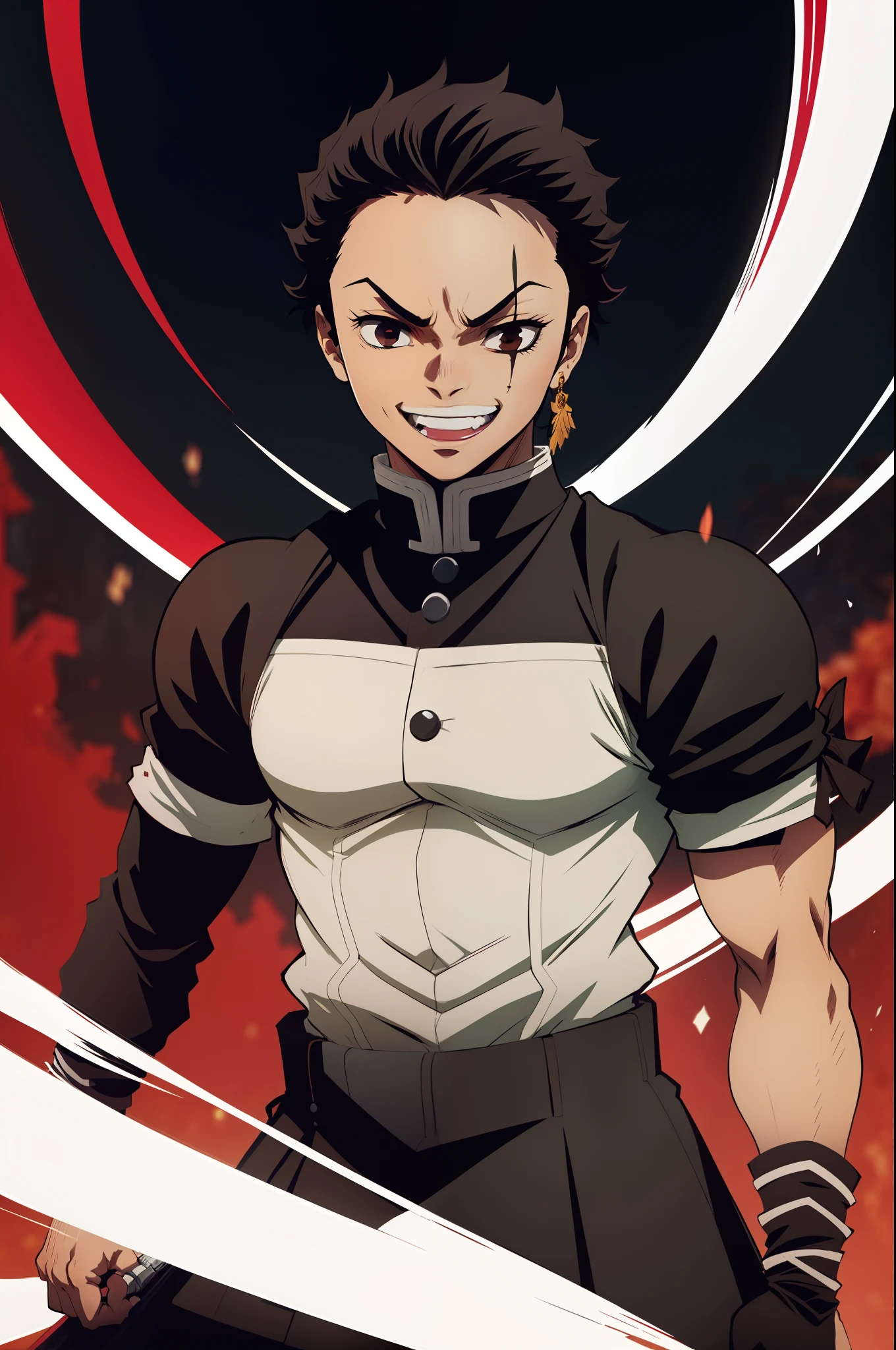 jovem ?????, Uniform demon slayer, vento ao redor, Penteado Zoro, cabelos pretos, Nichirin vermelho, Lutando, Bleach poses, Olhos bonitos, happy, lindo, black eyes, awsome smile