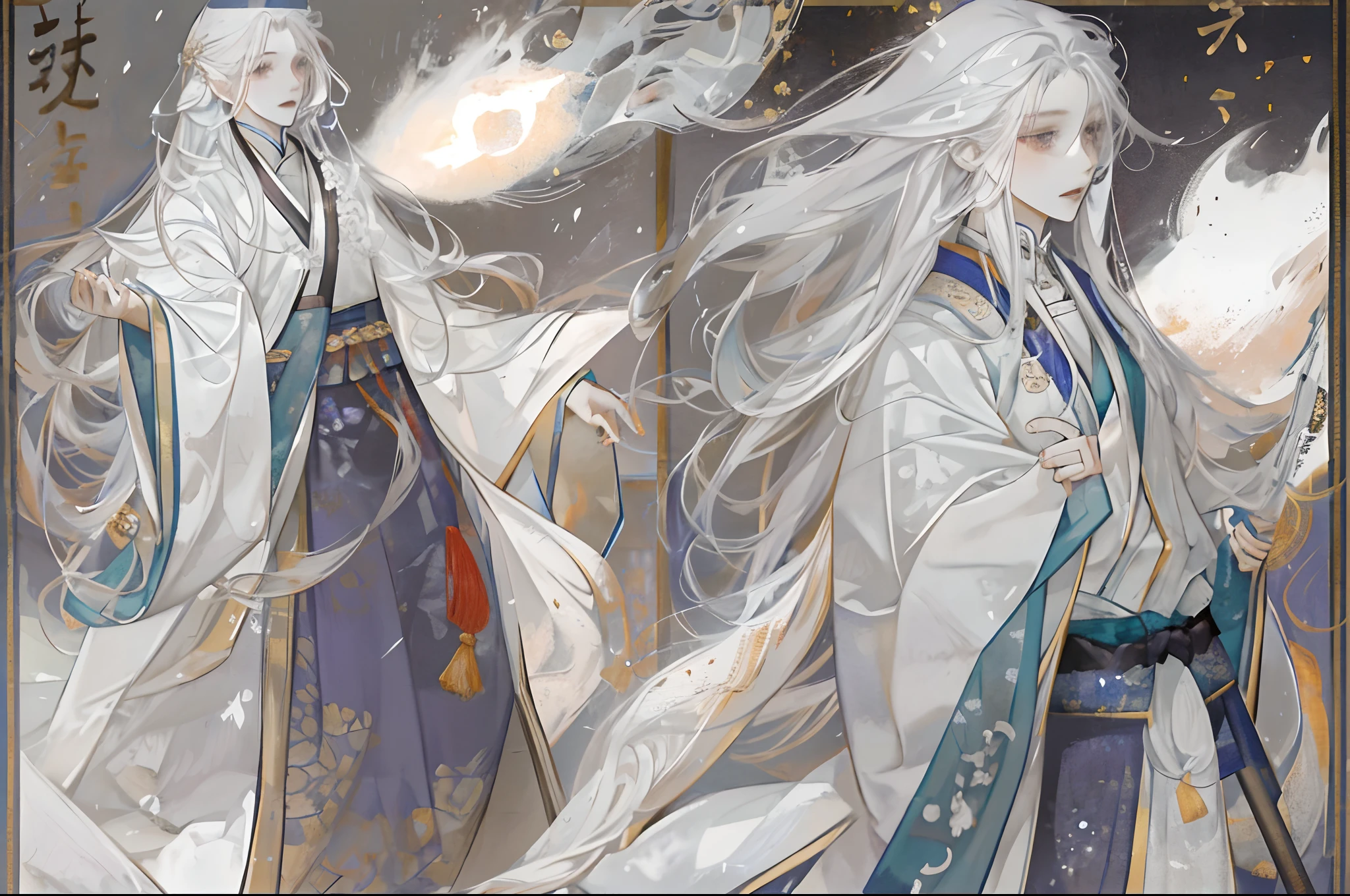 The male,Male,White Hanfu,long white hair,Long flowing hair,Wide robe with large sleeves,Ancient wind,Solid color clothes,The clothes do not have any patterns,laughingly,softlighting,water ink,Behind it is the full moon,low-saturation,low-contrast,led floodlights