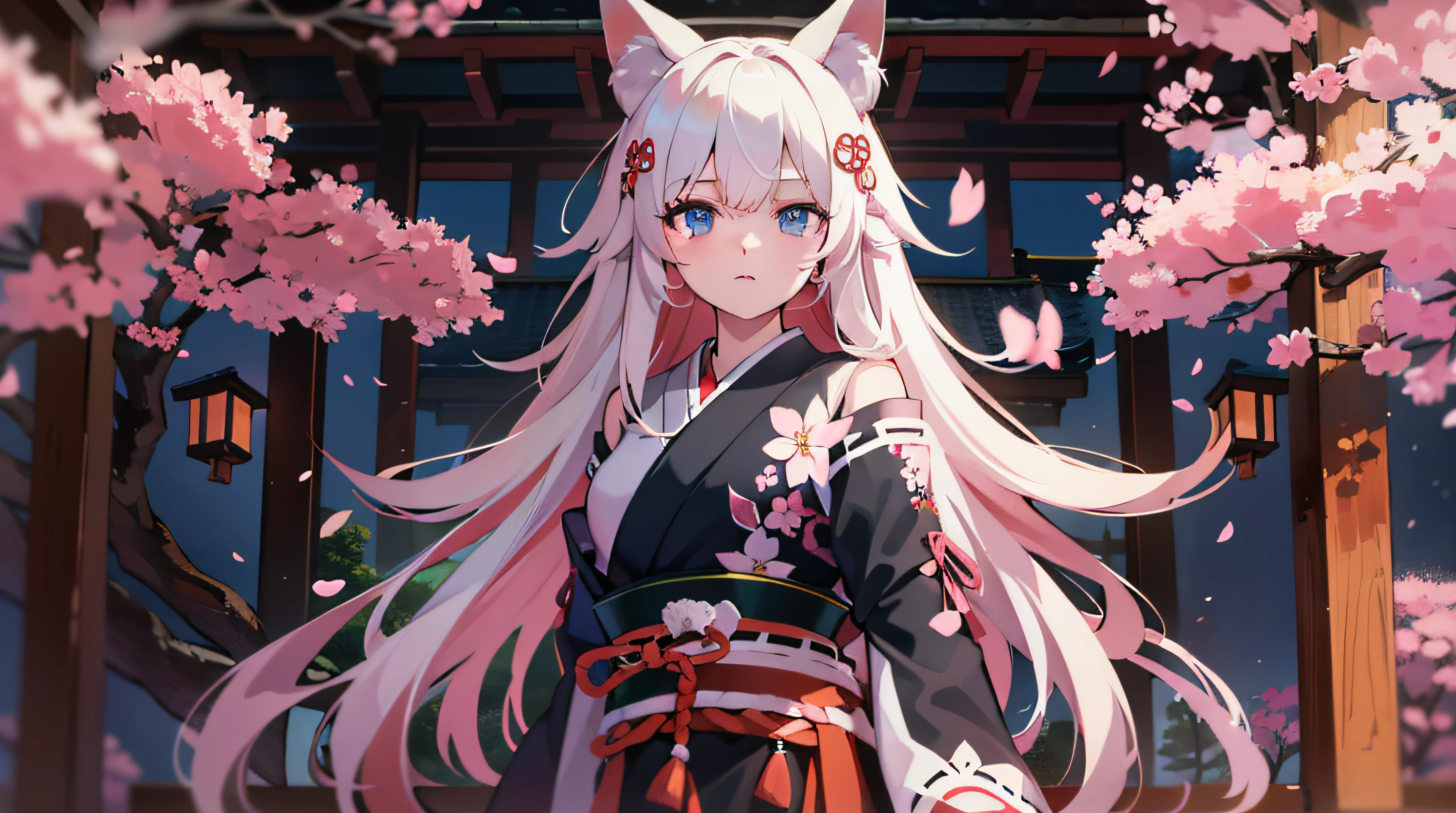 1 small foxgirl, long white hair pink highlights, blue eyes, wearing black and red miko dress, fluffy white tail, dual dagger wielding, japanese shrine, cherry blossoms, high res, ultrasharp, anime art wallpaper 4k, masterpiece, looking at viewer