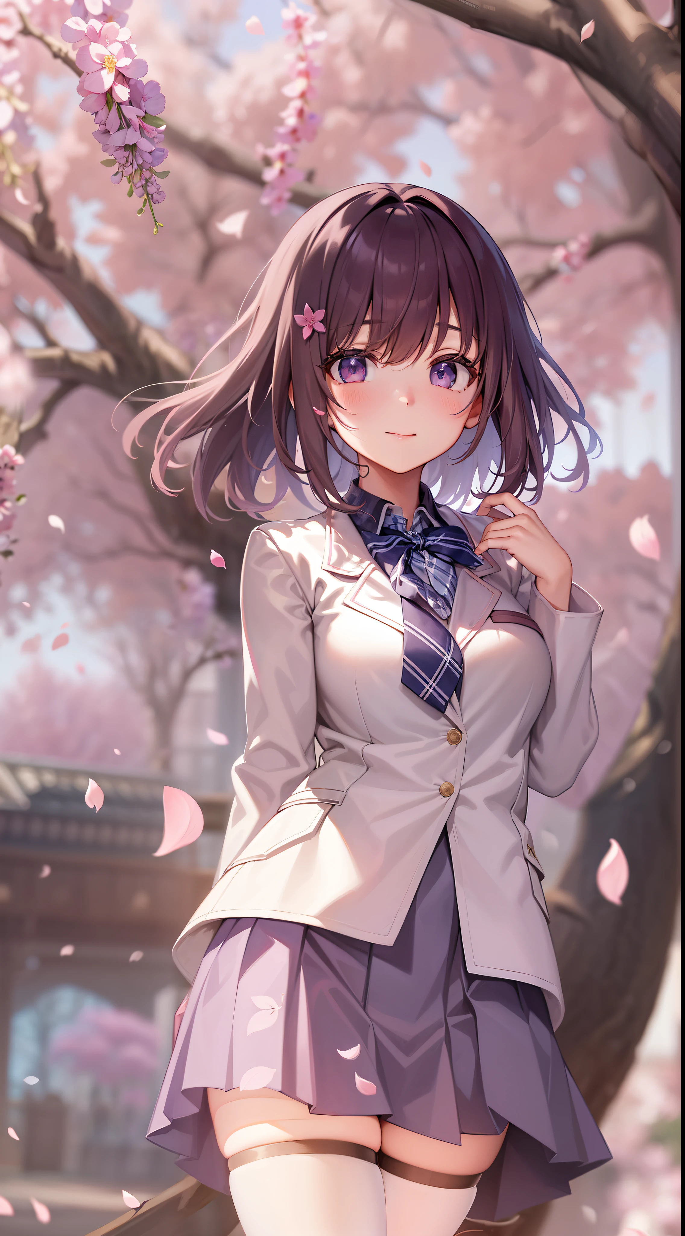 A girl in school uniform stands in front of a tree,Pink flowers bloom on the branches,1个Giant Breast Girl,By bangs,Bare tree,blazer jacket,Bow knot,neck bowtie,tree branch,SakuraNS,collar shirt,daysies,Falling petals,florest background,florals,graduate,flower sea,jaket,long whitr hair,longer sleeves,looking at viewert,exteriors,lacepantyhose,petals,pink flowers that,tartan,pleatedskirt,clubs,校服,The shirt,a skirt,ssmile,独奏,springtime \ (seasons \),The tree,Wisteria - anime ,huge boob