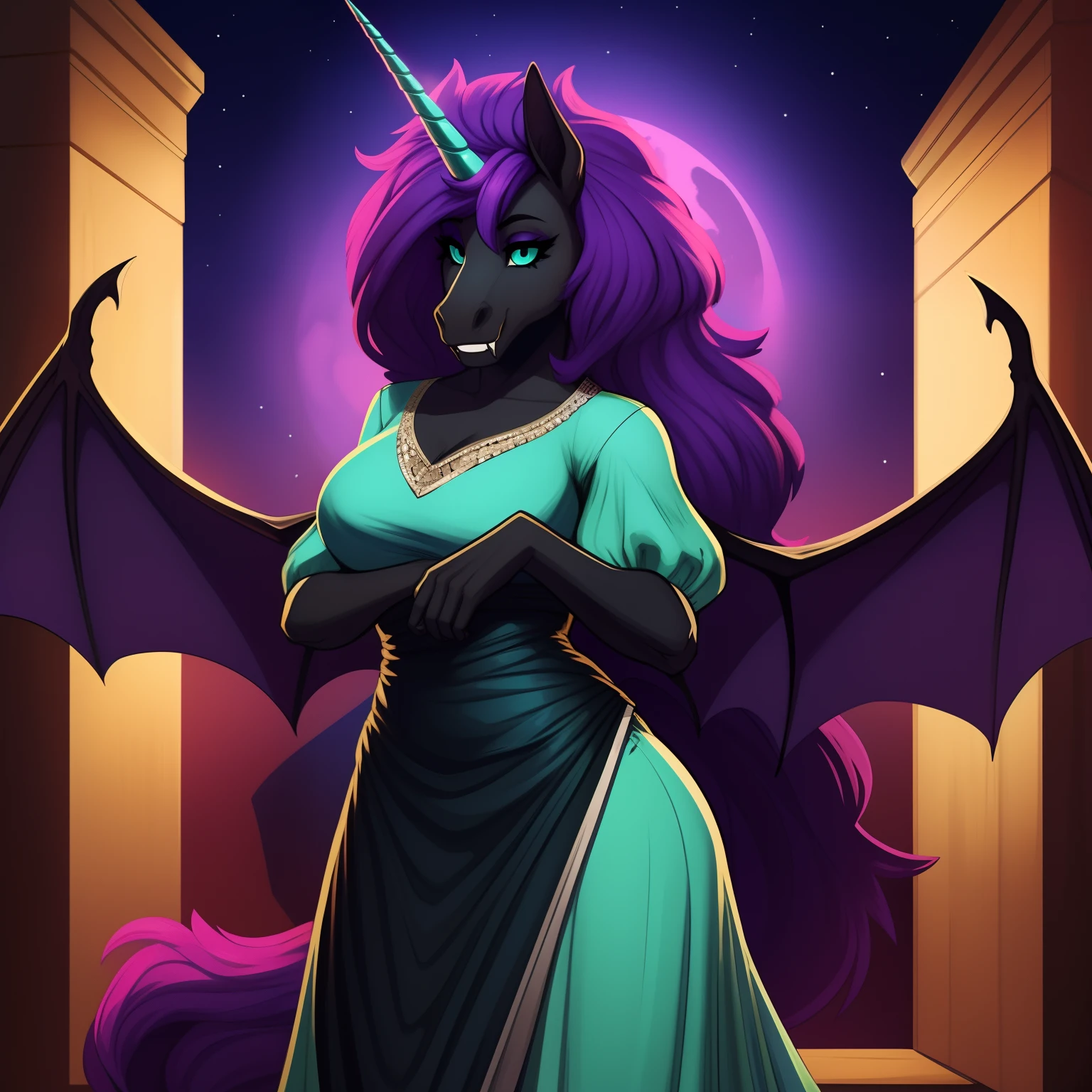muscular_mature_unicorn_with_black_horn female dark_purple_mane black_furry_body teal_eyes slit_pupils solo Masterpiece best_quality absurdres highly_detailed gown_with_fur_trim cleanly_drawn_eyes fangs bat_wings purple_eyeshadow starry_mane horse_snout anthro_only by_claweddrip, by_greasymojo, by_underscore-b, by_runawaystride