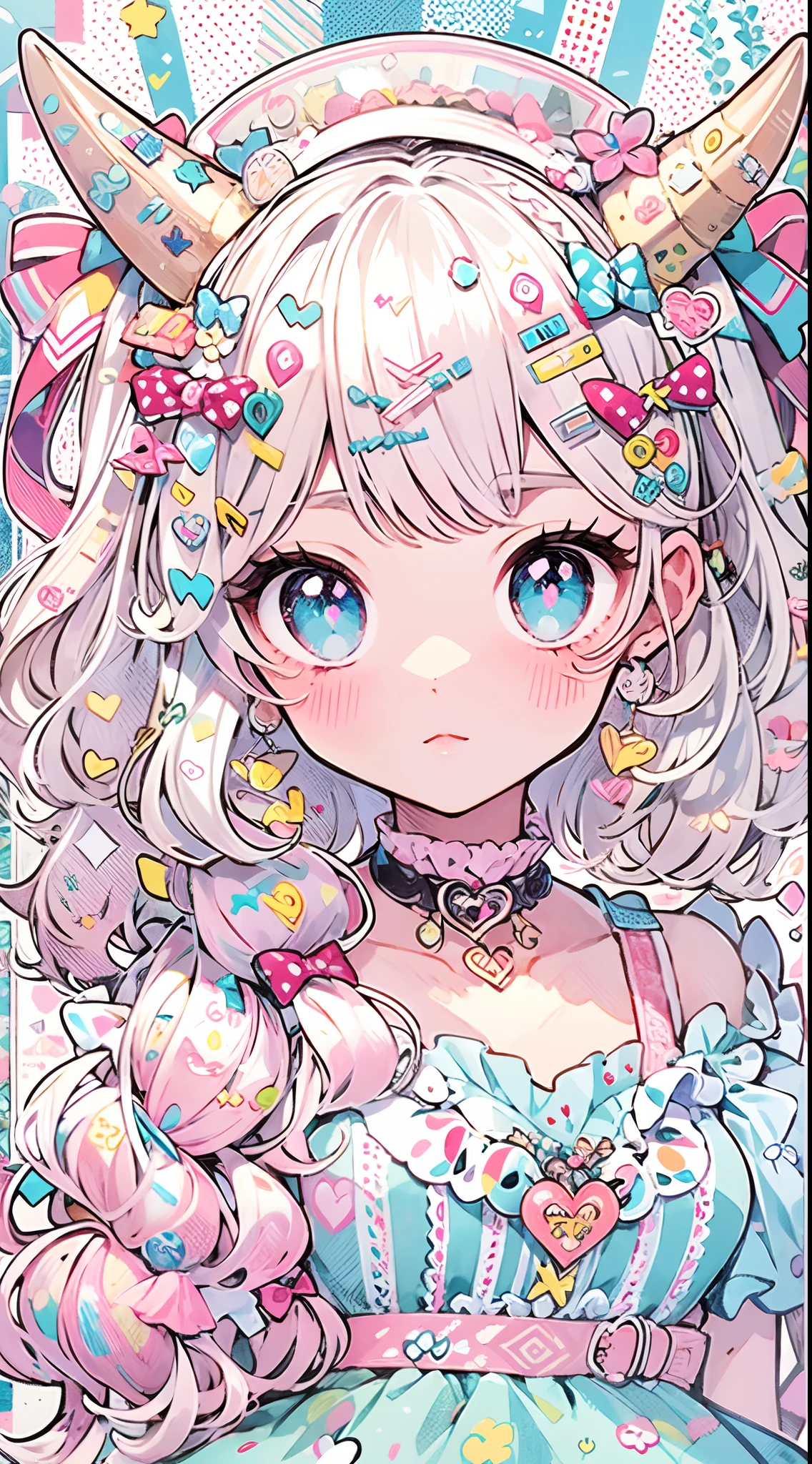 masterpiece, best quality, ultra detailed, beautiful shading, cinematic ligthing, studio lights, cute, kawaii, big eyes, flower pattern on pupil, shaped pupil , cute polka dot pattern on bows, plaid, light pink colored hair，Powder-blue pupils，Wear pink and blue maid outfits，Sweet girl with pure white,full body, full shot, horns, little devil, wow, retro, hairclips, decora, a lot of accessories