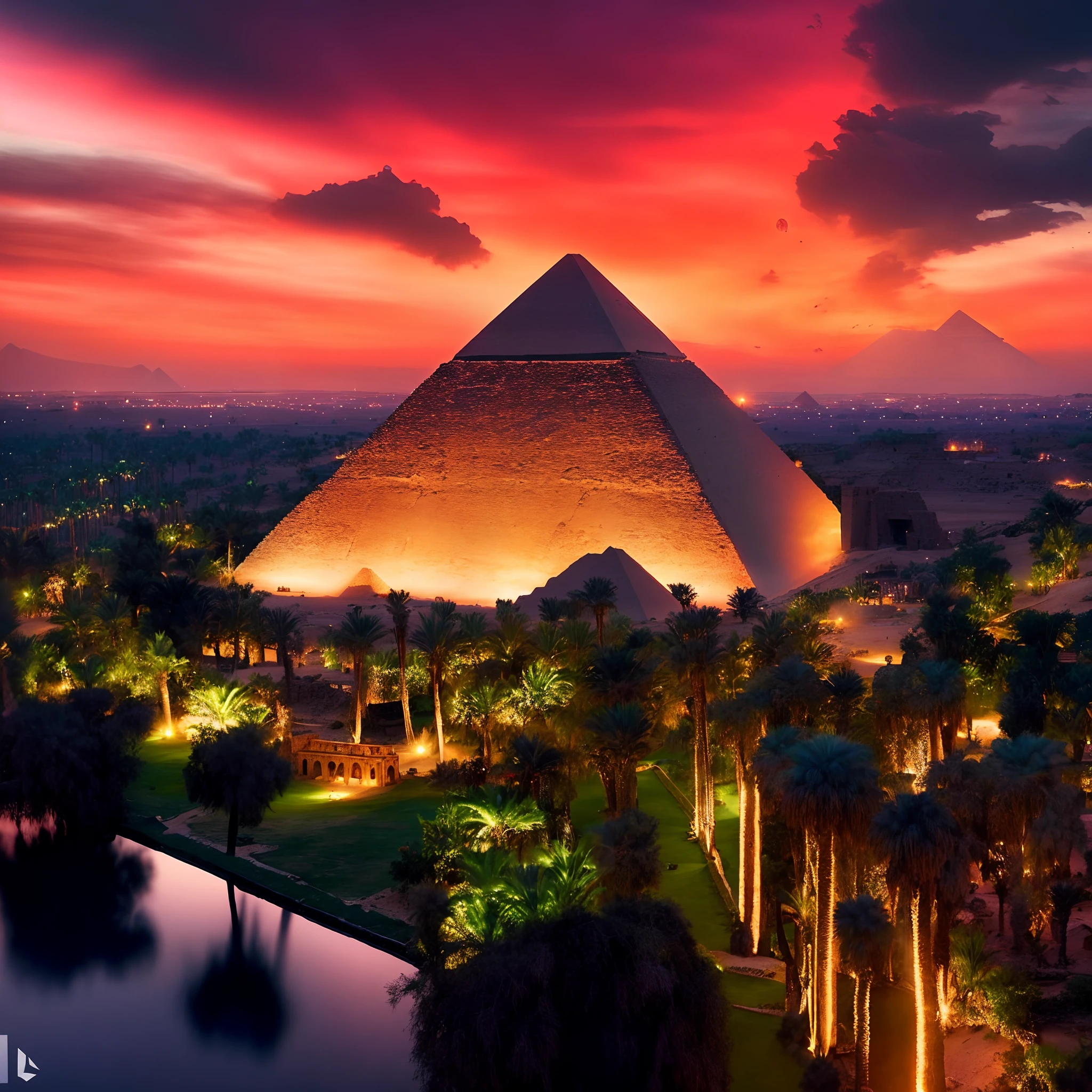 a view of a pyramid with a pool in front of you, Luxor, pyramid ruins at sundown, Egito, pyramid surrounded by vegetation, ancient megastructure pyramid, colorful ancient egyptian city, do Egito, pyramids of egypt, egyptian atmosphere, pyramid background, great pyramid of giza, pyramid, Cidade colorida no Egito antigo, built in the egyptian desert, egyptian landscape