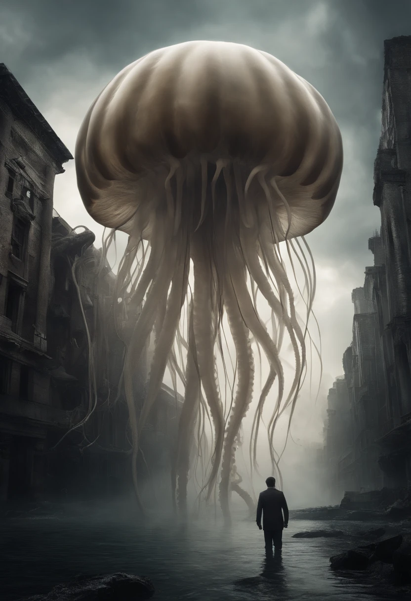 myth　Jellyfish-like creatures　Many tentacles grow from the head　the head is light gray　tentacles are black　Floating in the air　A devastated world　Collapsed buildings around　Standing there