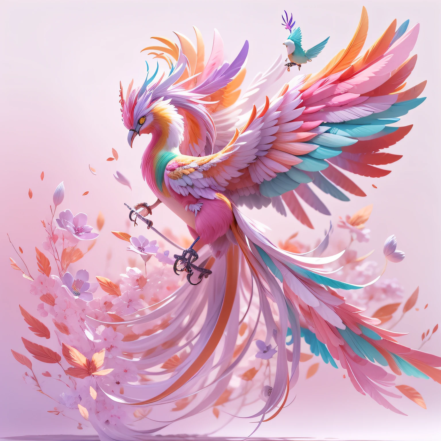 Fantasy Birds，fengxi、Pink and 7 colors colorful、the tail is long、are flying、Extra Long Tail，gigantic wing，the whole body is covered with multicolored feathers,，full body Esbian，detaileds，white backgrounid，best qualtiy，Mrs，8K、wings spread wide