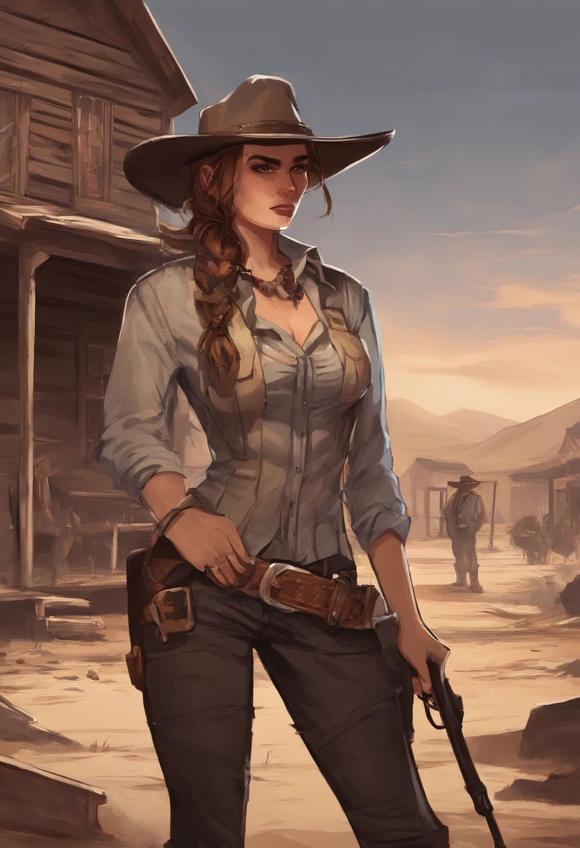 She is a young woman with sunkissed skin and dark eyes. She has long golden hair and red lips. Around her left eye is black eyeshadow. She wears a brown cowboy hat and a grey lumberjack blouse with brown braces. Around her neck she wears a black scarf. Wears an eye patch on his right eye. She wears brown pants. A rifle is over her shoulder. She stands in a old wildwest town. Digital Art, very detailed, artwork, high resolution, portrait, character, digital painting, digital illustration, extreme detail, digital art, 4k, Ultra, hd, hyper realism, sharp image