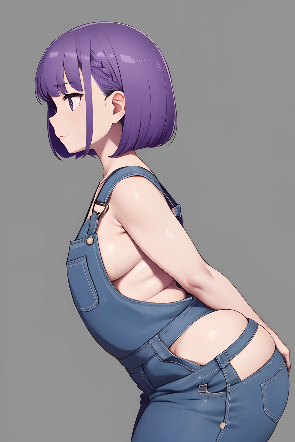 1girl, grey skin, purple hair, bob hair cut, straight face, pretty, large ass, plump ass, strong legs, small boobs no underwear, no shirt, wearing large and loose overalls only, nothing underneath, exposed, side view, bent over