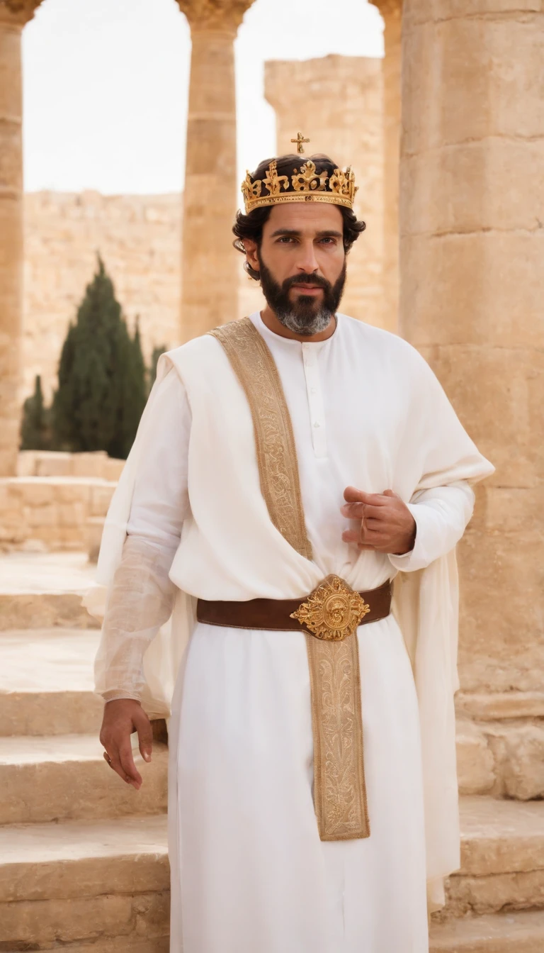 "Descreva Ezequias, the king of Judah in the eighth century to.C., como um homem de meia-idade com cabelos escuros e barba bem cuidada. He is dressed in royal costumes adorned with earthy colors and wears a gold crown with inlaid gems. Hezekiah stands before the temple in Jerusalem, an impressive building with majestic columns, as he reflects on the challenges of leading his kingdom during a turbulent time."