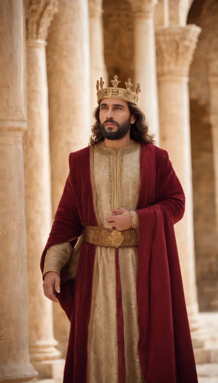"Descreva Ezequias, the king of Judah in the eighth century to.C., como um homem de meia-idade com cabelos escuros e barba bem cuidada. He is dressed in royal costumes adorned with earthy colors and wears a gold crown with inlaid gems. Hezekiah stands before the temple in Jerusalem, an impressive building with majestic columns, as he reflects on the challenges of leading his kingdom during a turbulent time."