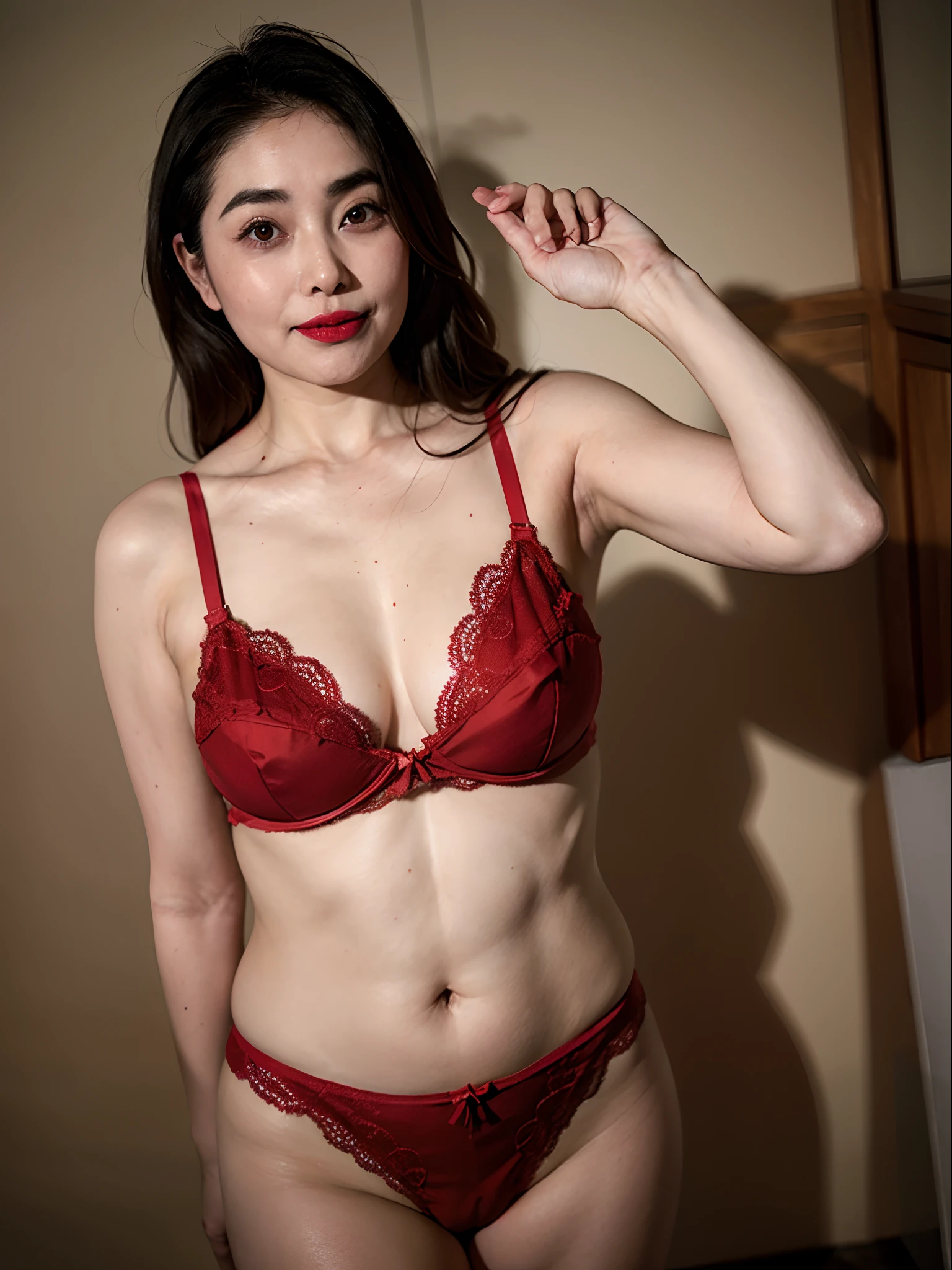 1girl, dark circles, laugh, wave long hair, long face, slant eyes, red lipstick, fat lips, thick eyebrows, (make up), (big eyes), (nude), (bra), lingerie, nsfw,