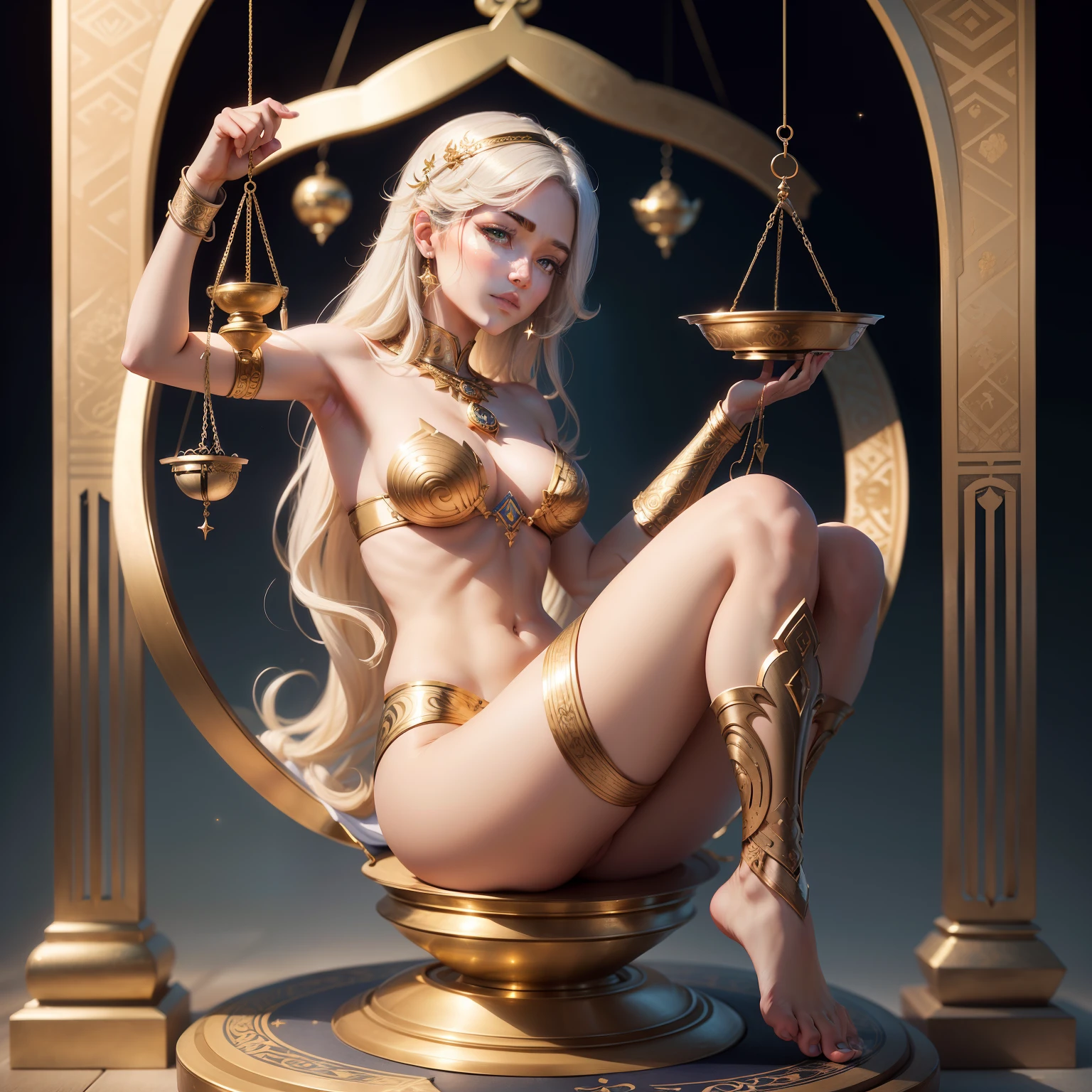 Create an artistic and symbolic image that represents the sign of Libra. Libra is the sign of balance and justice, typically symbolized by scales. However, try to incorporate elements that convey harmony, beauty, and diplomacy, which are typical traits of this zodiac sign.