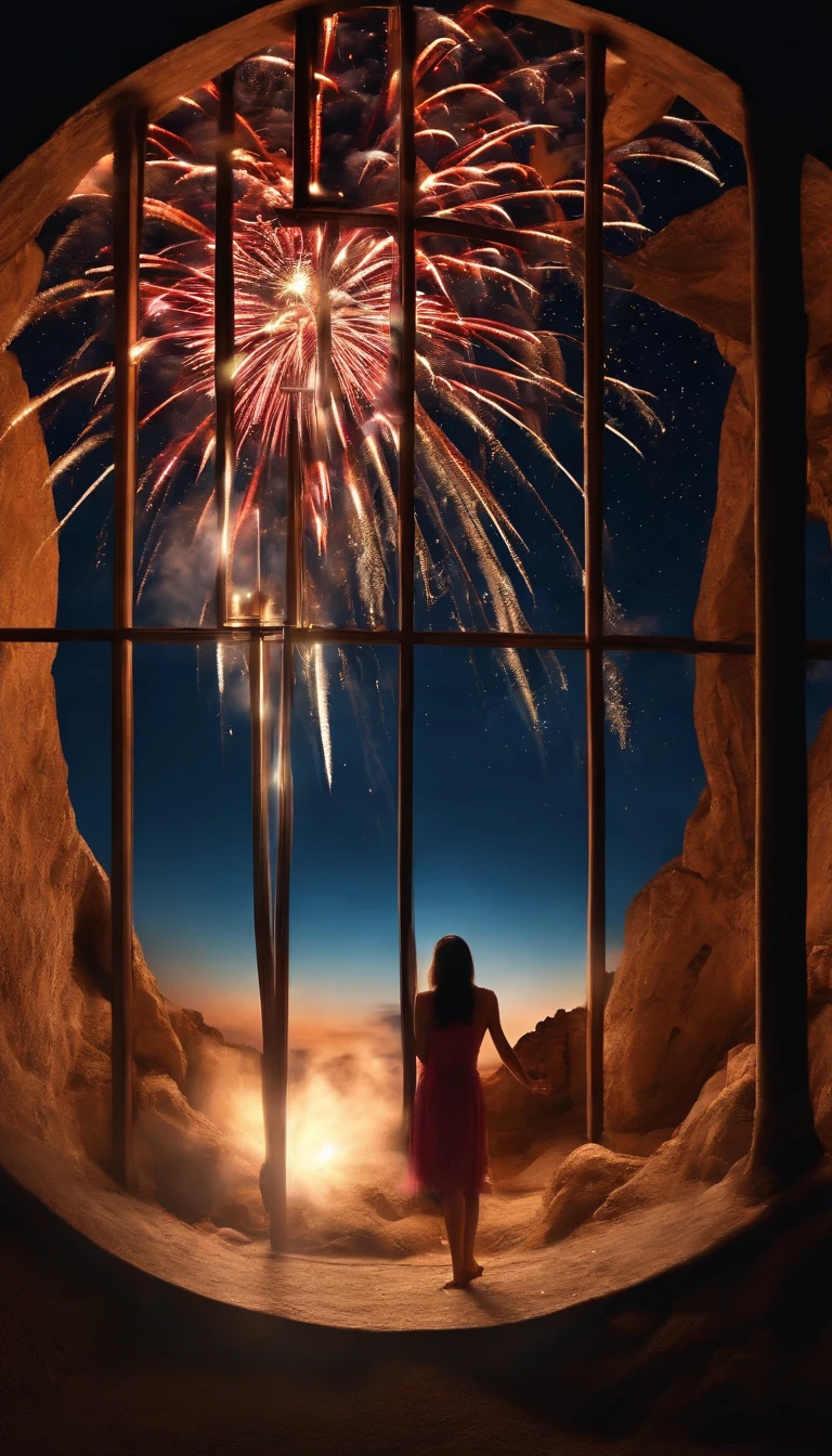 (round_window,full moon,cave:1.25),(fireworks,fireworks full sky:1.45),(abstract:1.2)girl made up of(firework light tracing:1.25),turning into a (Radioluminescence light tracing) style girl,