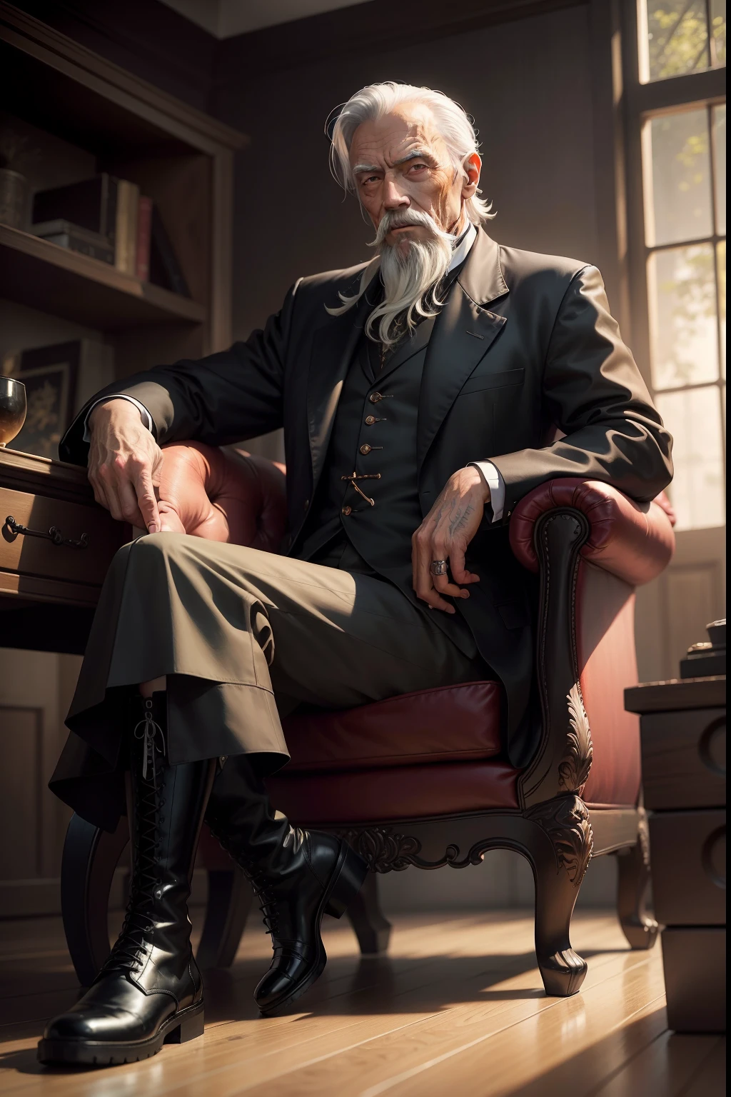 Old gentleman with a goatee,sit on chair,Eyes look at boots,Black high-gloss rain boots, 8K分辨率,Wallpaper masterpiece,Best quality,digitial painting,Highly meticulous,Ultra high quality