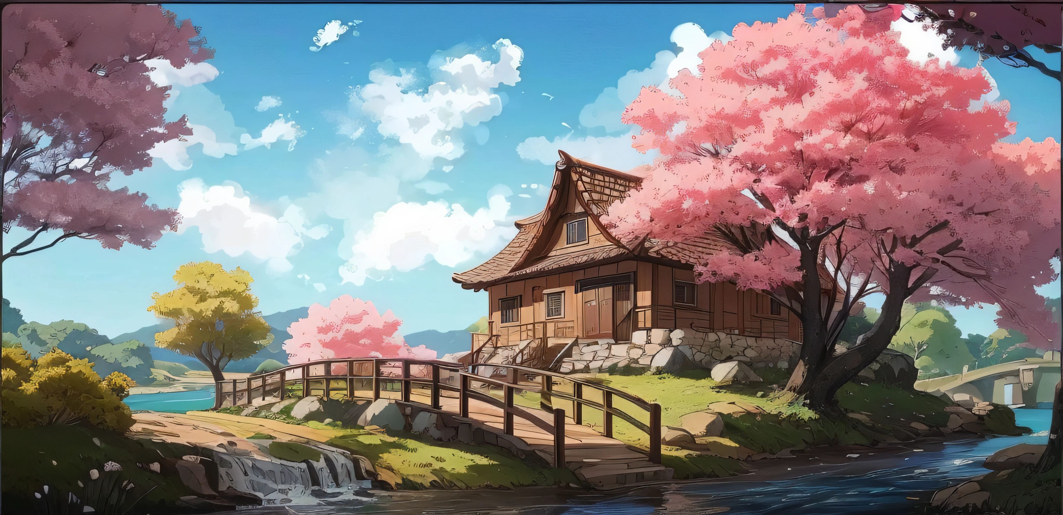 There is a small house on a small island with a bridge, arte de fundo do anime, paisagem campestre anime, beautiful anime scenery, Paisagem do anime, Fundo do anime, papel de parede de paisagem anime, anime scenery, anime scenery concept art, anime bela cena de paz, Anime Art Wallpaper 8K, Anime natureza Wallpap, bela cena de anime, Anime Art Wallpaper 4K, Anime Art Wallpaper 4K