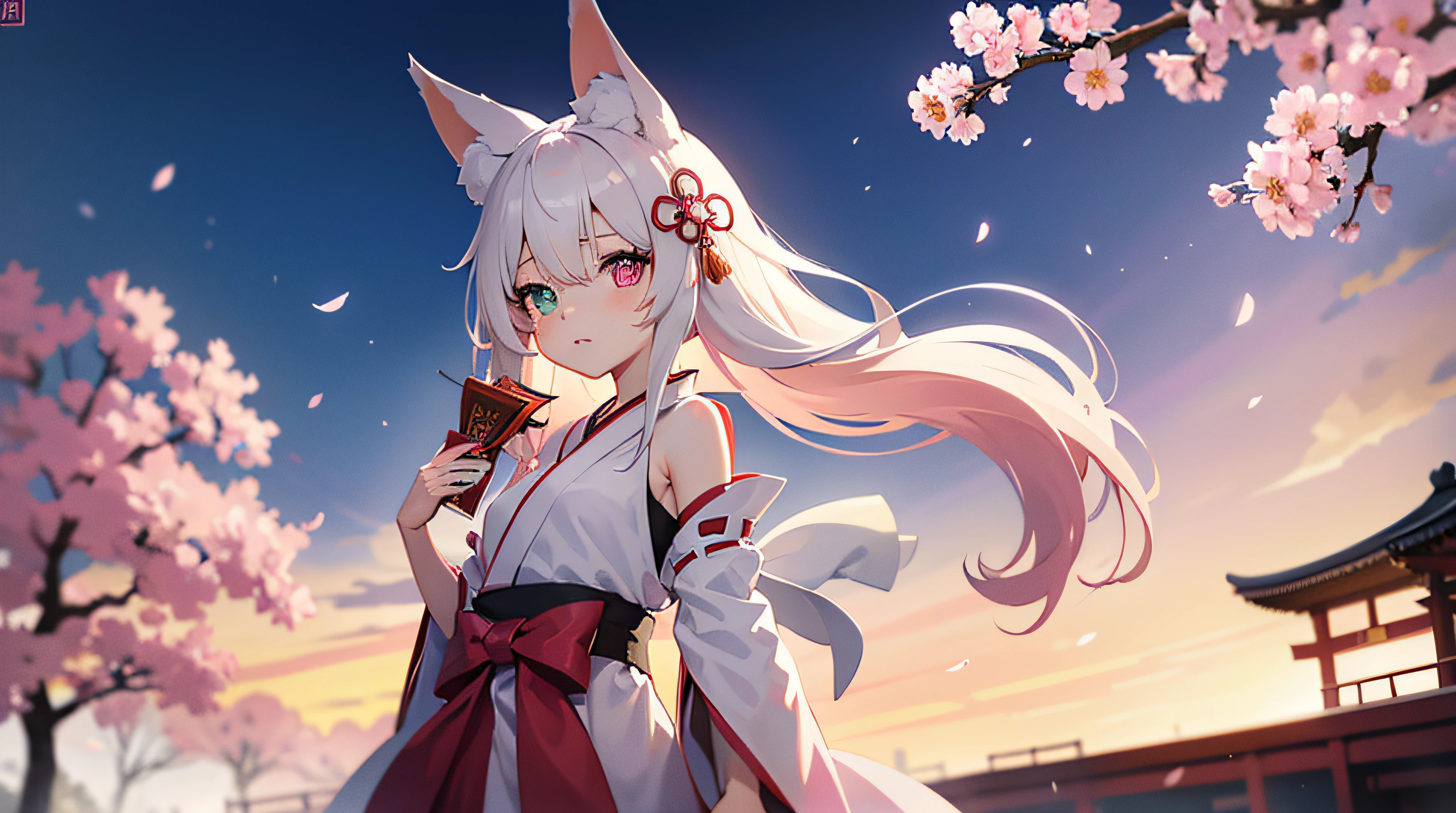 1 , small breasli, cute, kawaii, shrine maiden, long white hair with pink highlights, heterochromia, blue eye on left eye, pink eye on left eye, wearing black and red miko dress, fox ears, fluffy white tail, holding a bow, japanese shrine, cherry blossoms, high res, ultrasharp, anime art wallpaper 4k, masterpiece, turned around looking back at viewer